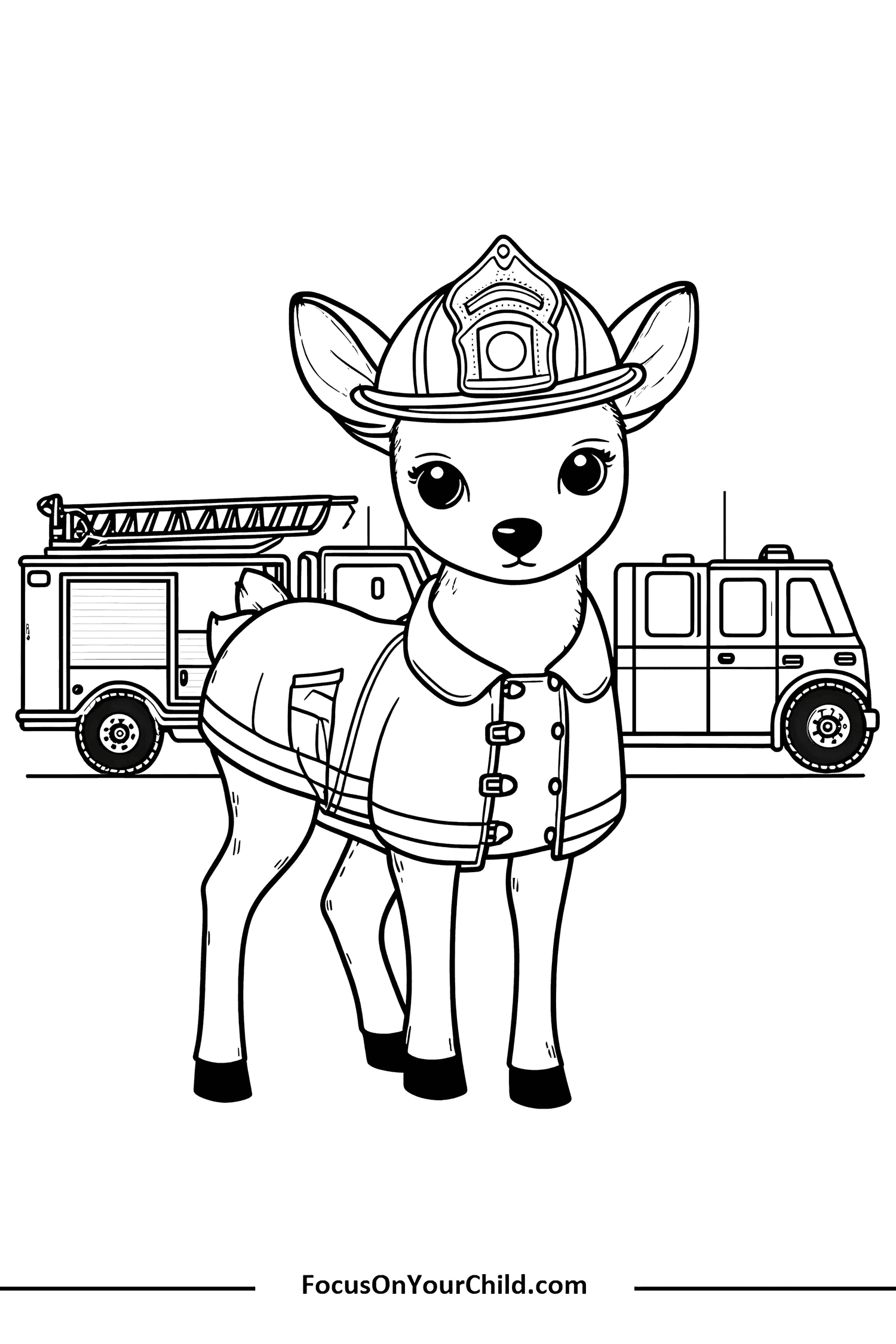 Cartoon deer firefighter coloring page for kids on FocusOnYourChild.com.