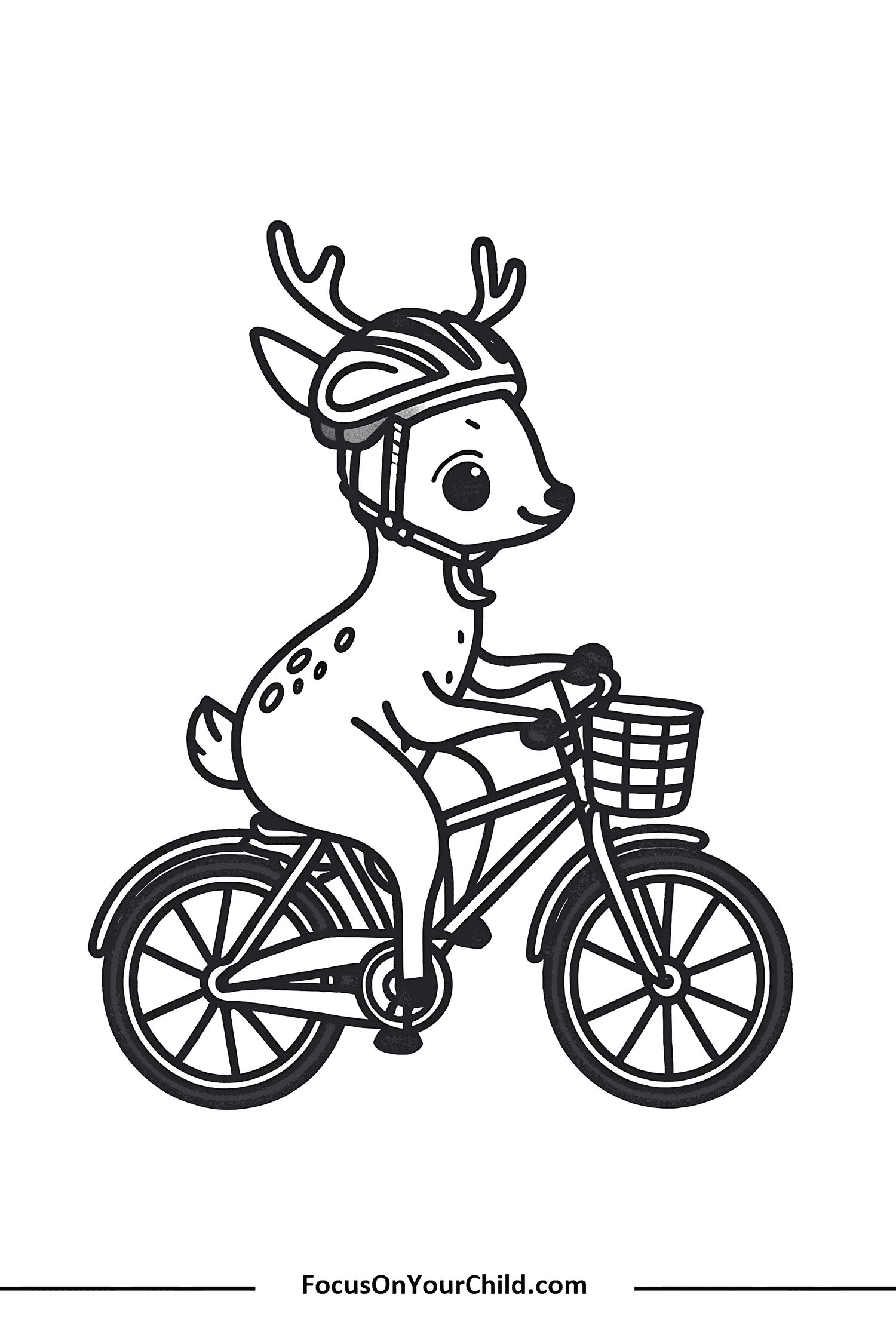 Whimsical deer riding bicycle coloring page for children.