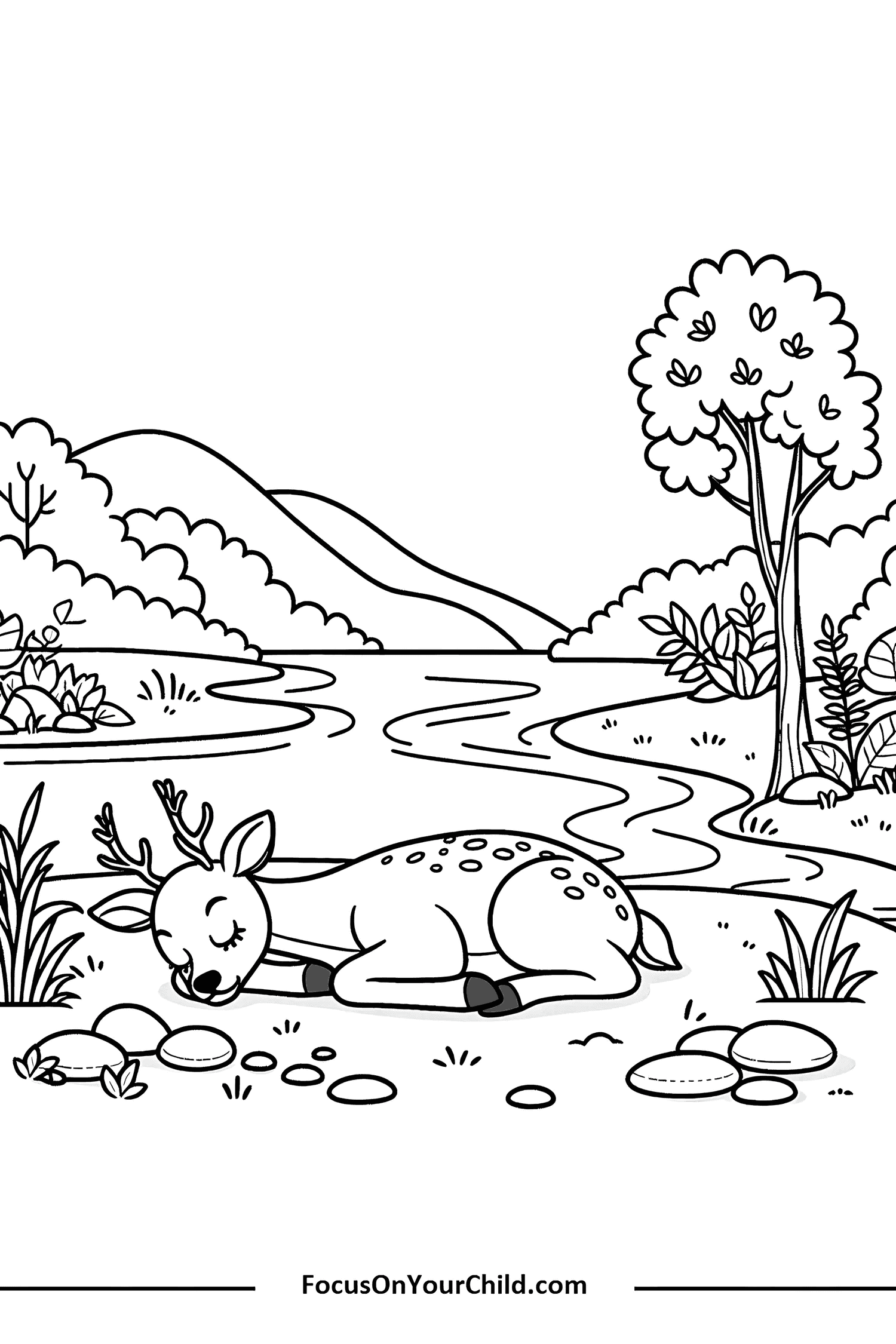 Tranquil deer resting by river in nature coloring page.