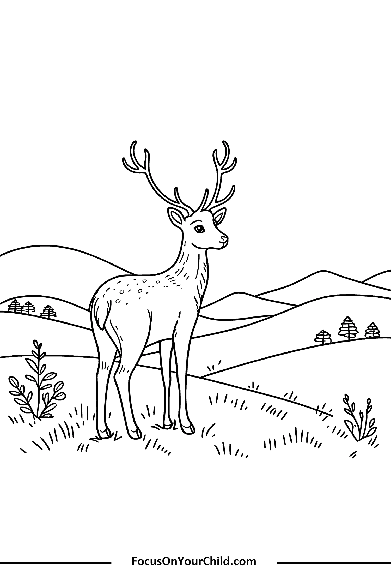 Deer in peaceful landscape, ideal for coloring activities.