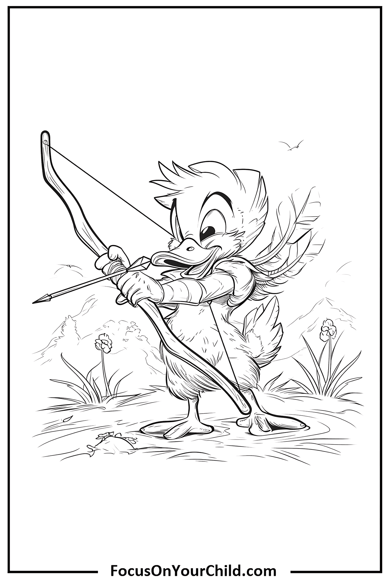 Anthropomorphic duck character aiming bow and arrow in outdoor setting.