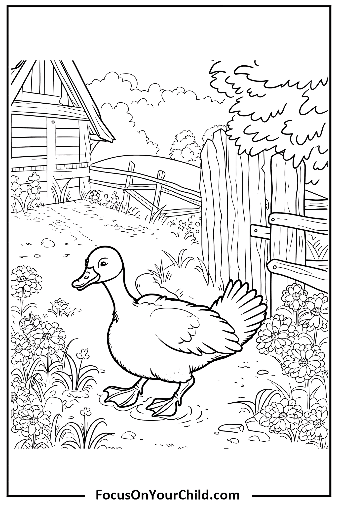 Friendly duck in a garden with barn, flowers, and broken fence under a sunny sky.