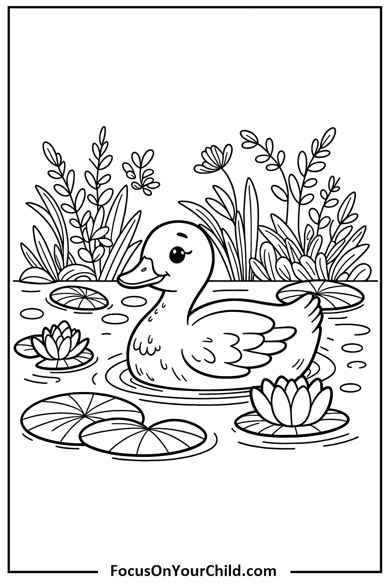 Charming duck coloring page for kids to enjoy on FocusOnYourChild.com.