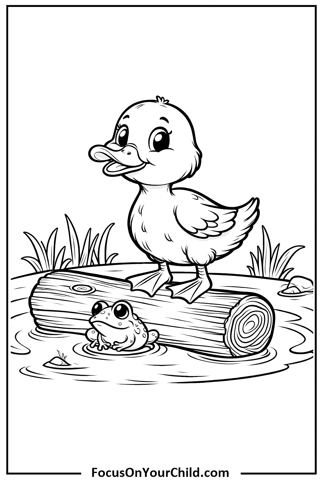 Charming duckling and frog illustration for coloring, perfect for kids creative activities.
