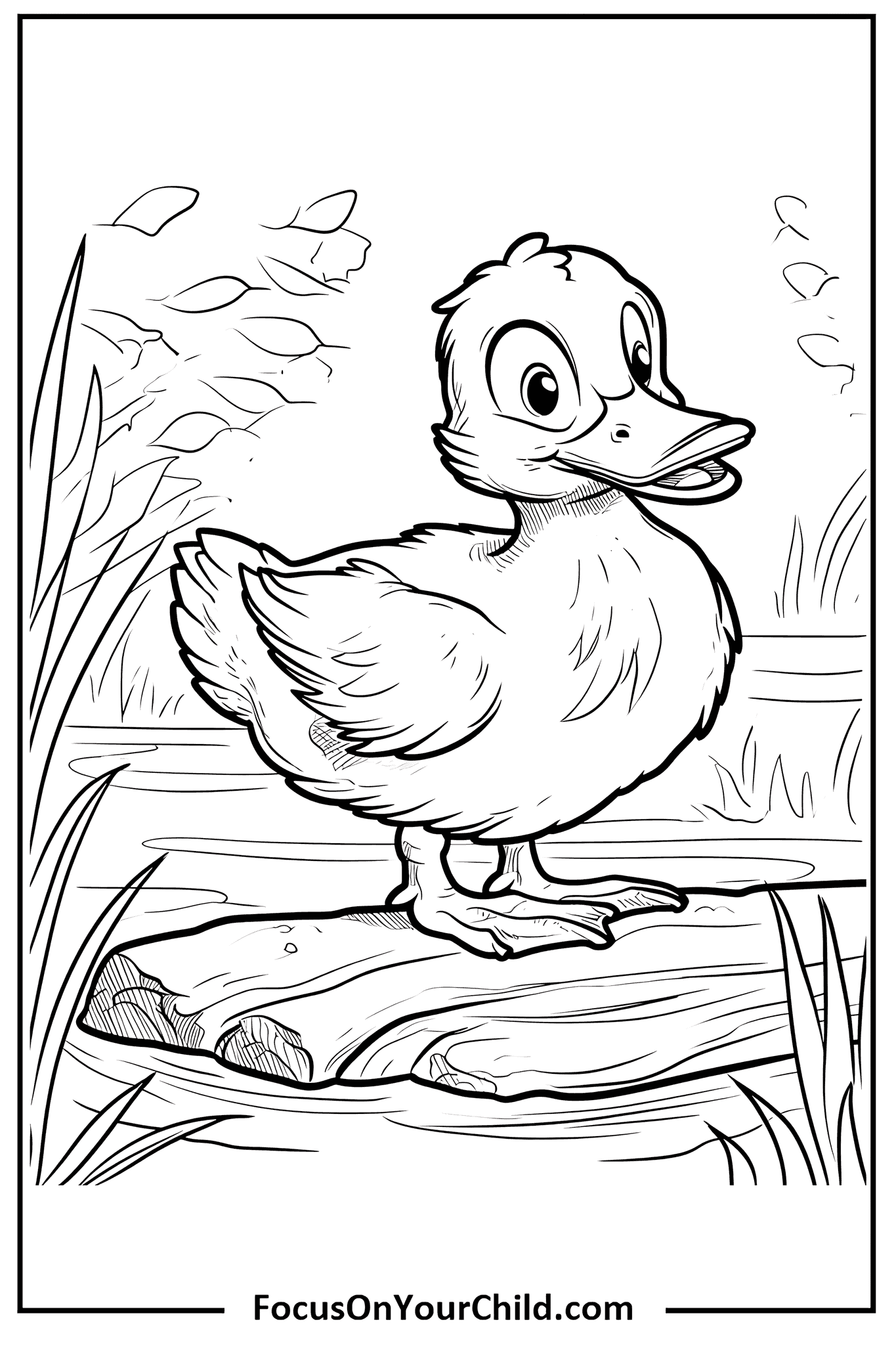 Young duck standing on wooden plank in natural habitat, ready for coloring activity.