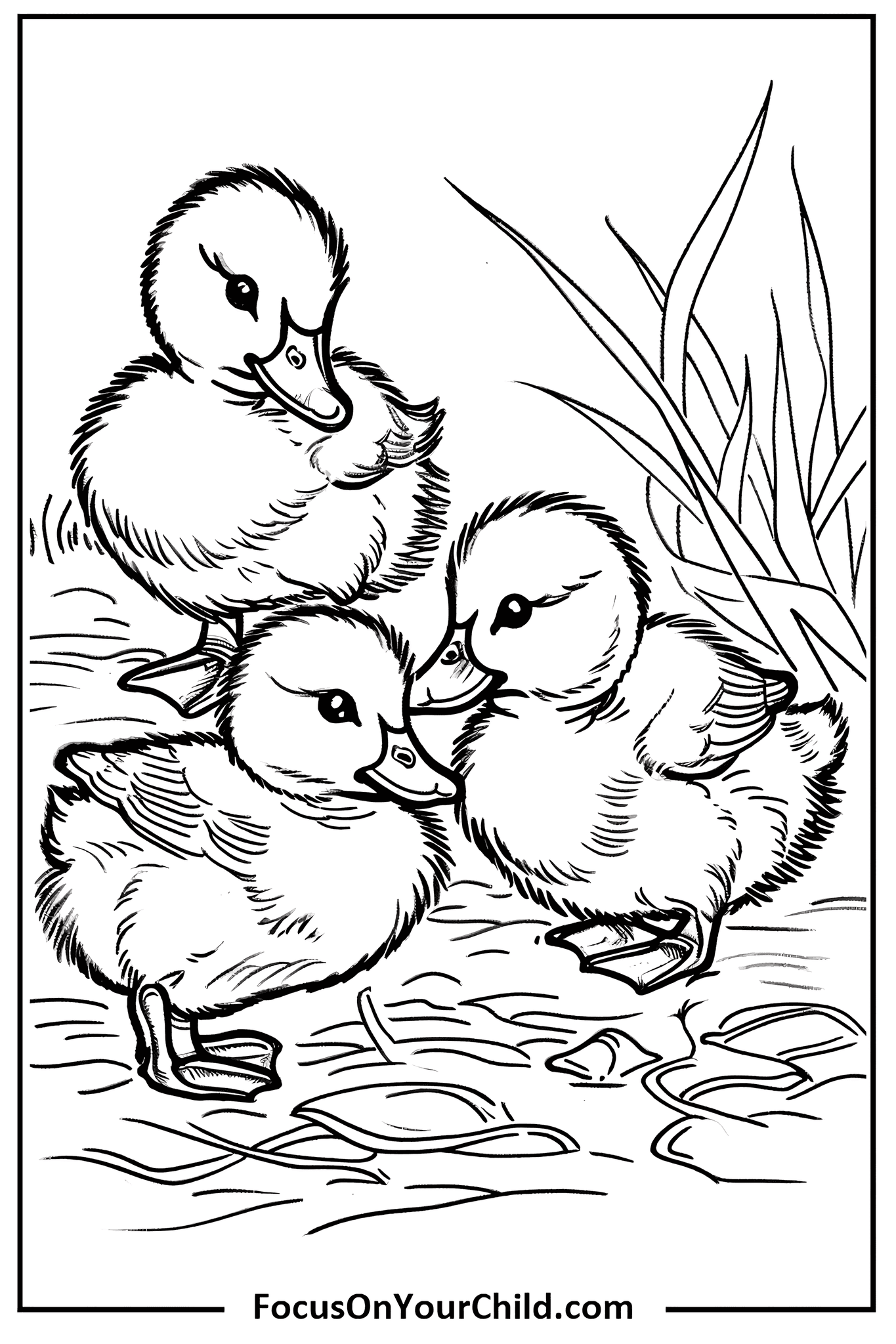 Three cute ducklings floating on water, with reeds in the background.
