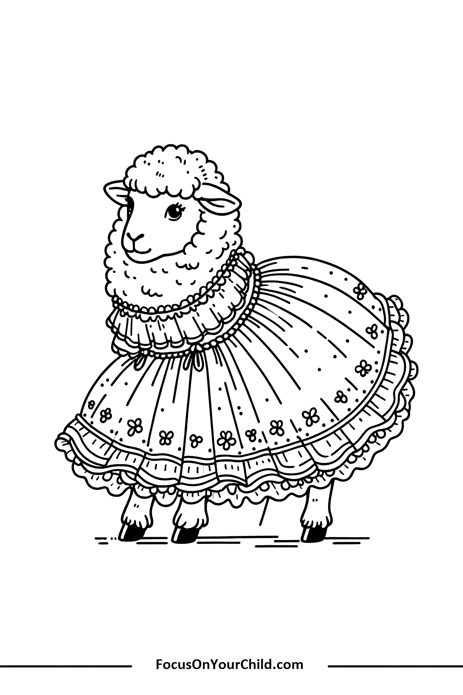 Fluffy sheep in elaborate dress, black and white illustration.