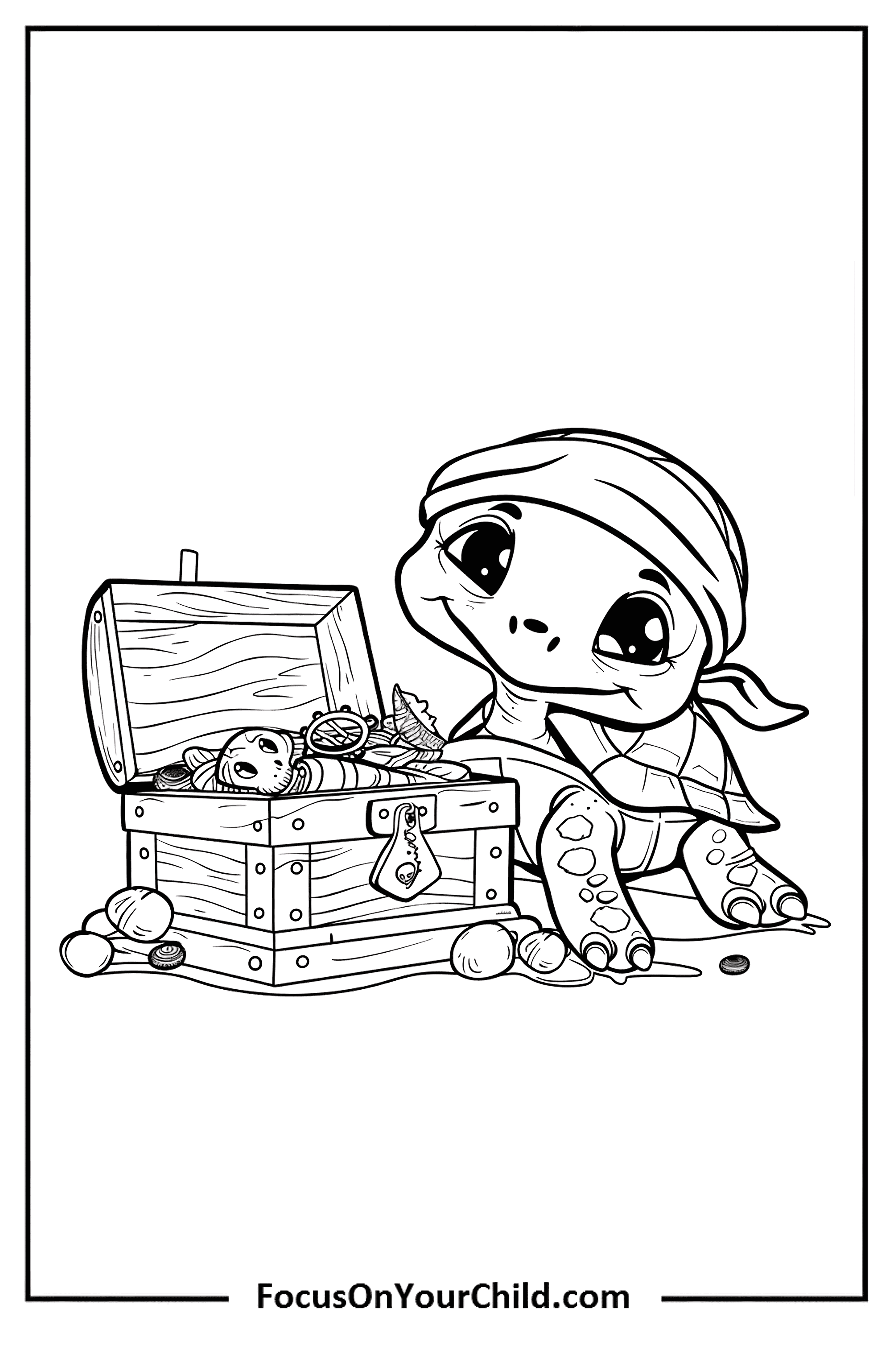 Adorable baby turtle exploring treasure chest in black and white coloring illustration.