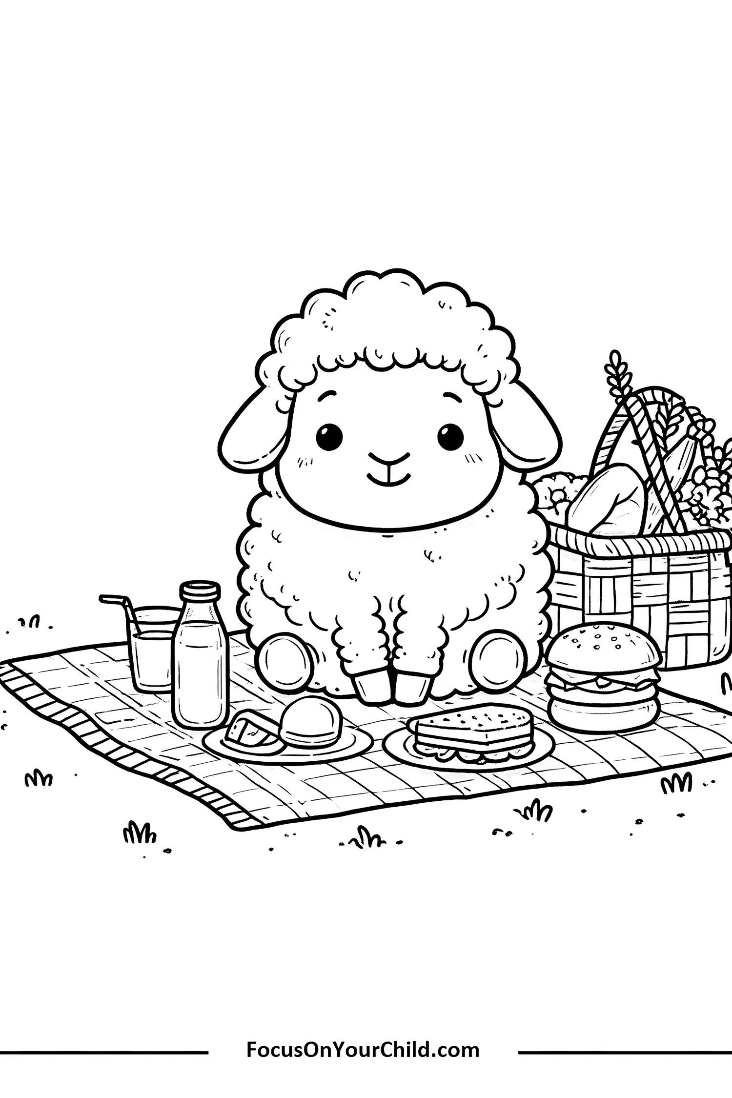 Fluffy sheep enjoying a picnic with sandwich, cake, burger, and basket on checkered blanket.