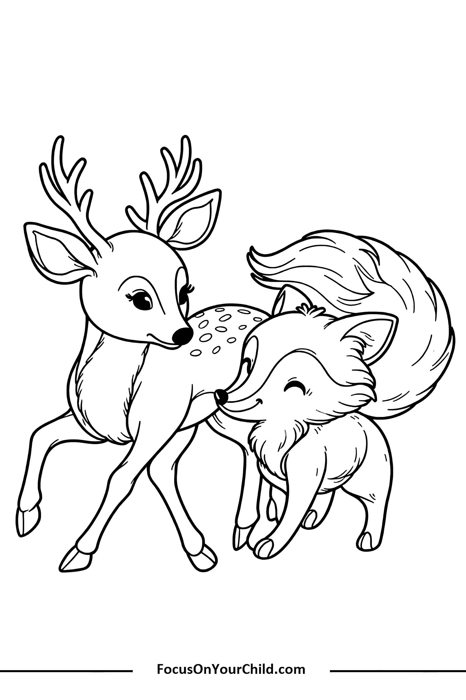 Friendly deer and fox in a playful interaction.