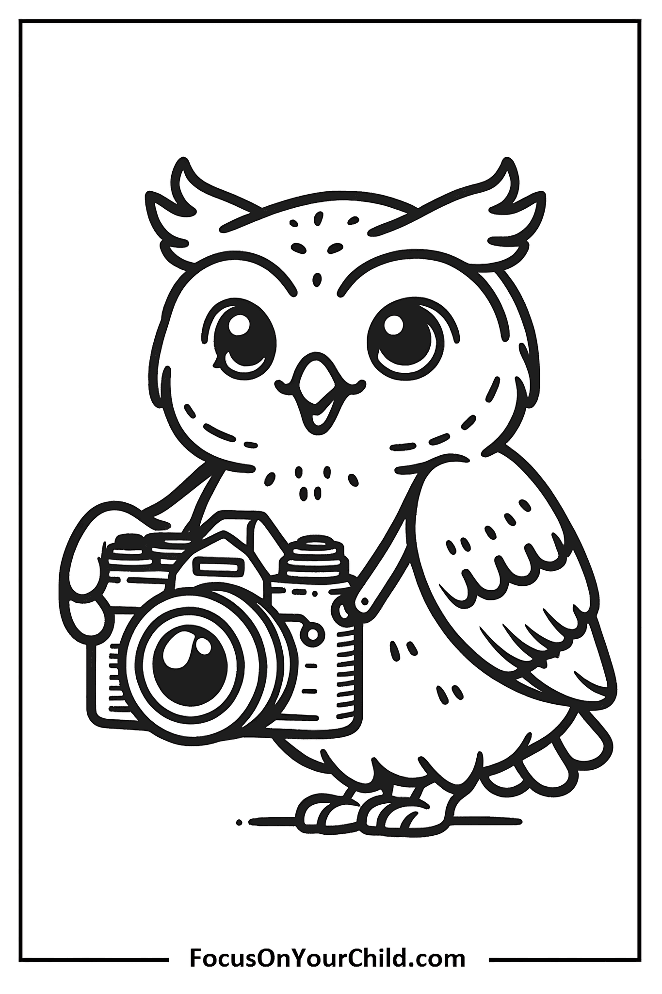Friendly owl holding camera in black and white coloring book style for FocusOnYourChild.com.