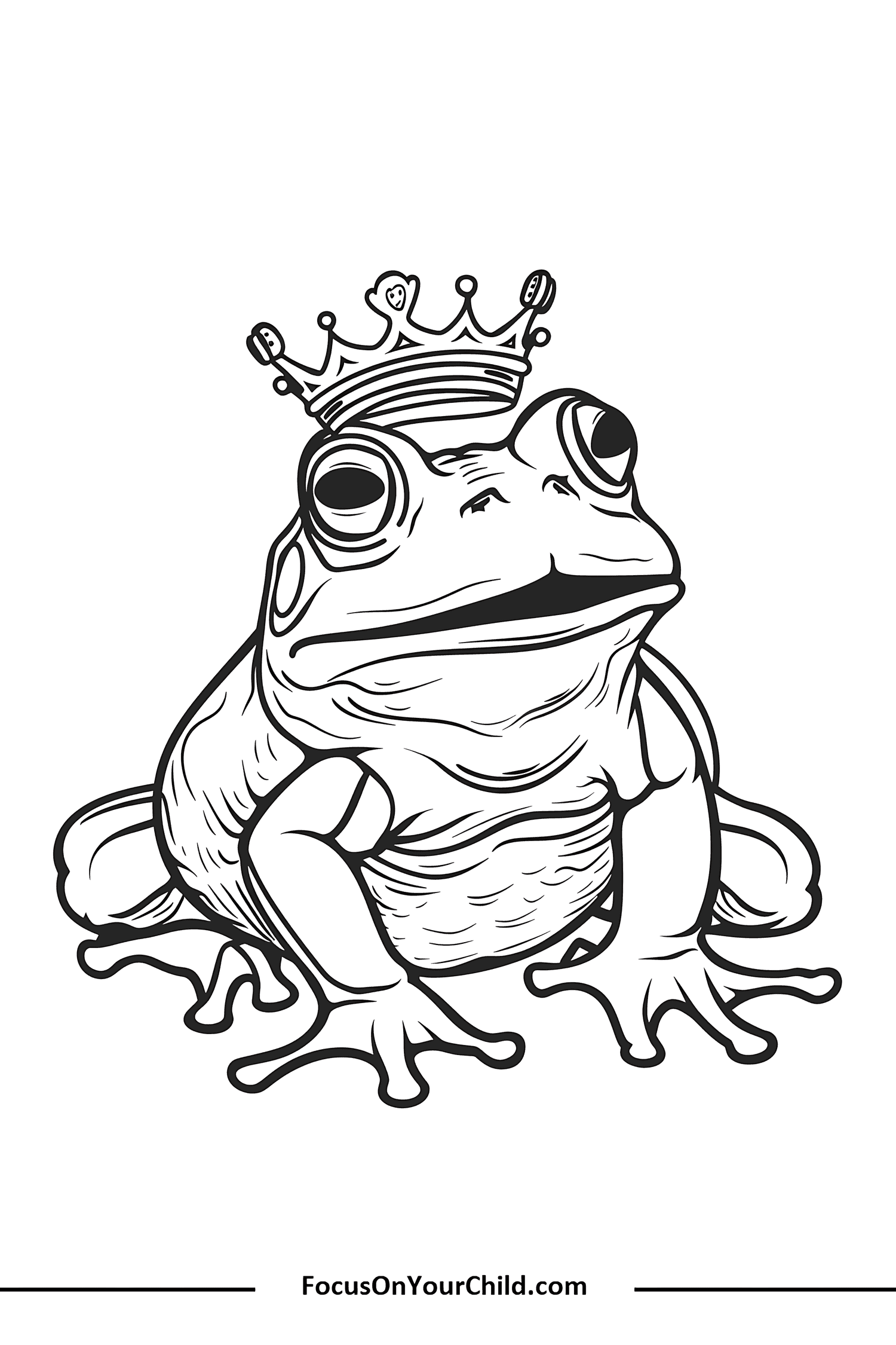 Detailed black-and-white line drawing of a frog with a crown, adding whimsical charm.