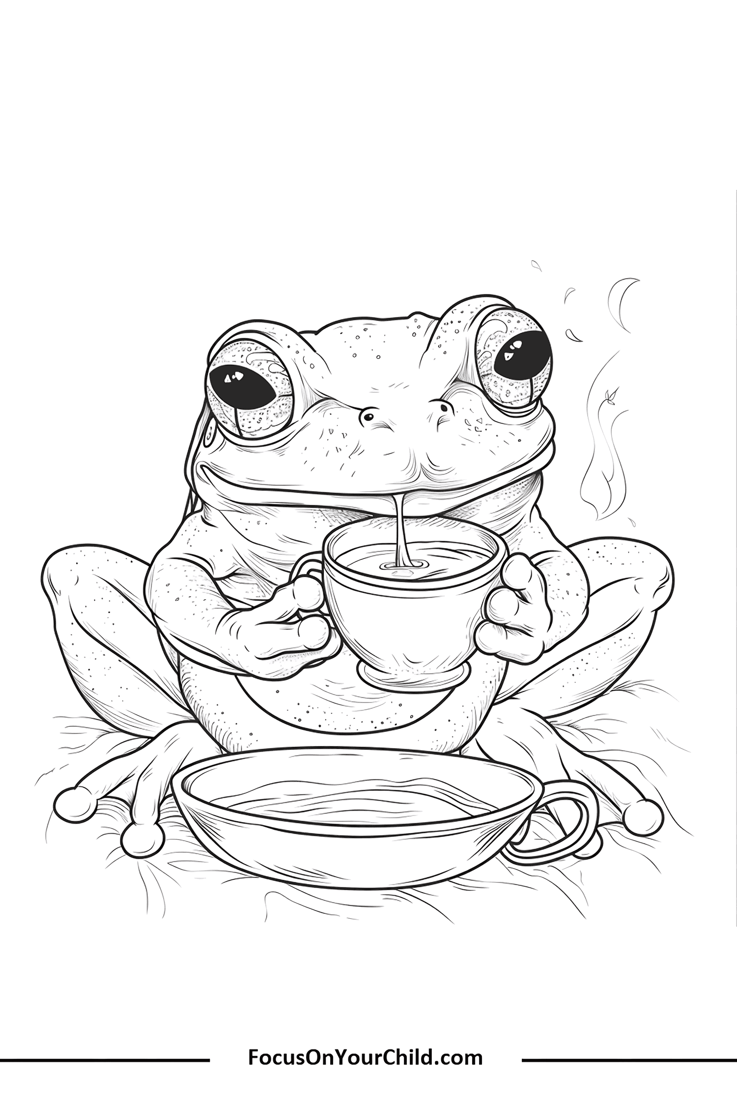 Whimsical frog enjoying a hot beverage in detailed black-and-white line drawing.