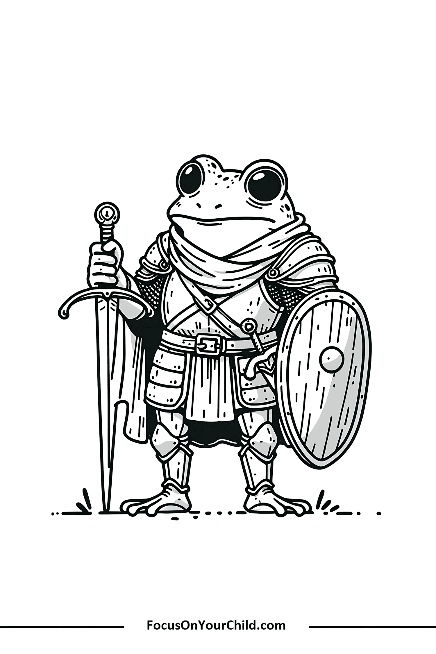 Frog knight in medieval armor with sword and shield illustration.