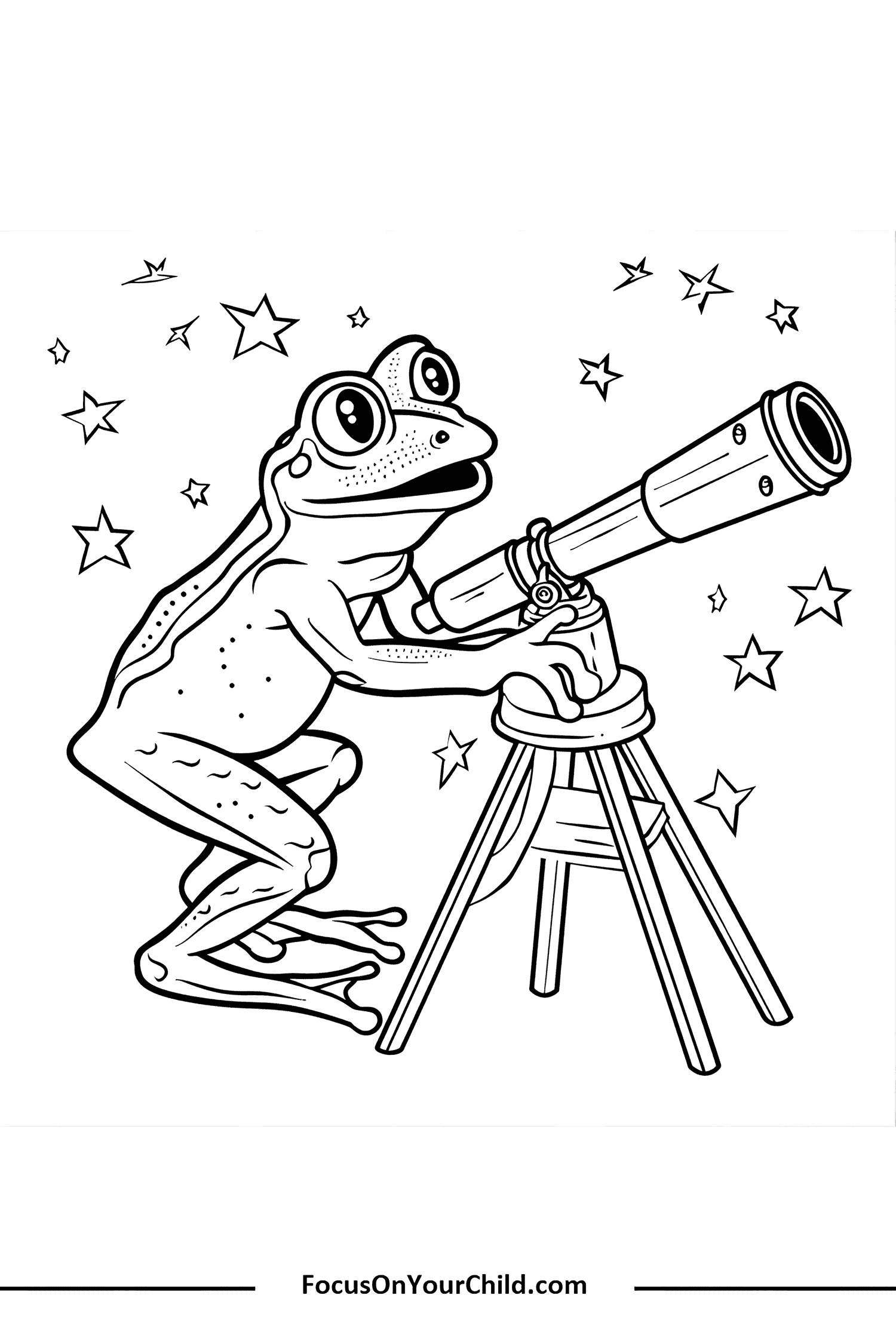 Frog stargazing through telescope, surrounded by stars.