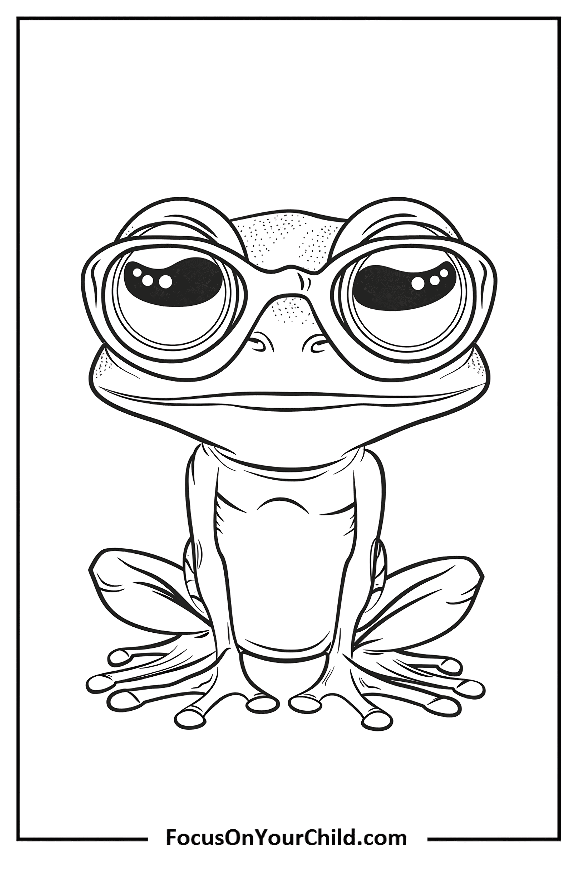Whimsical black-and-white cartoon drawing of a frog with oversized eyes.