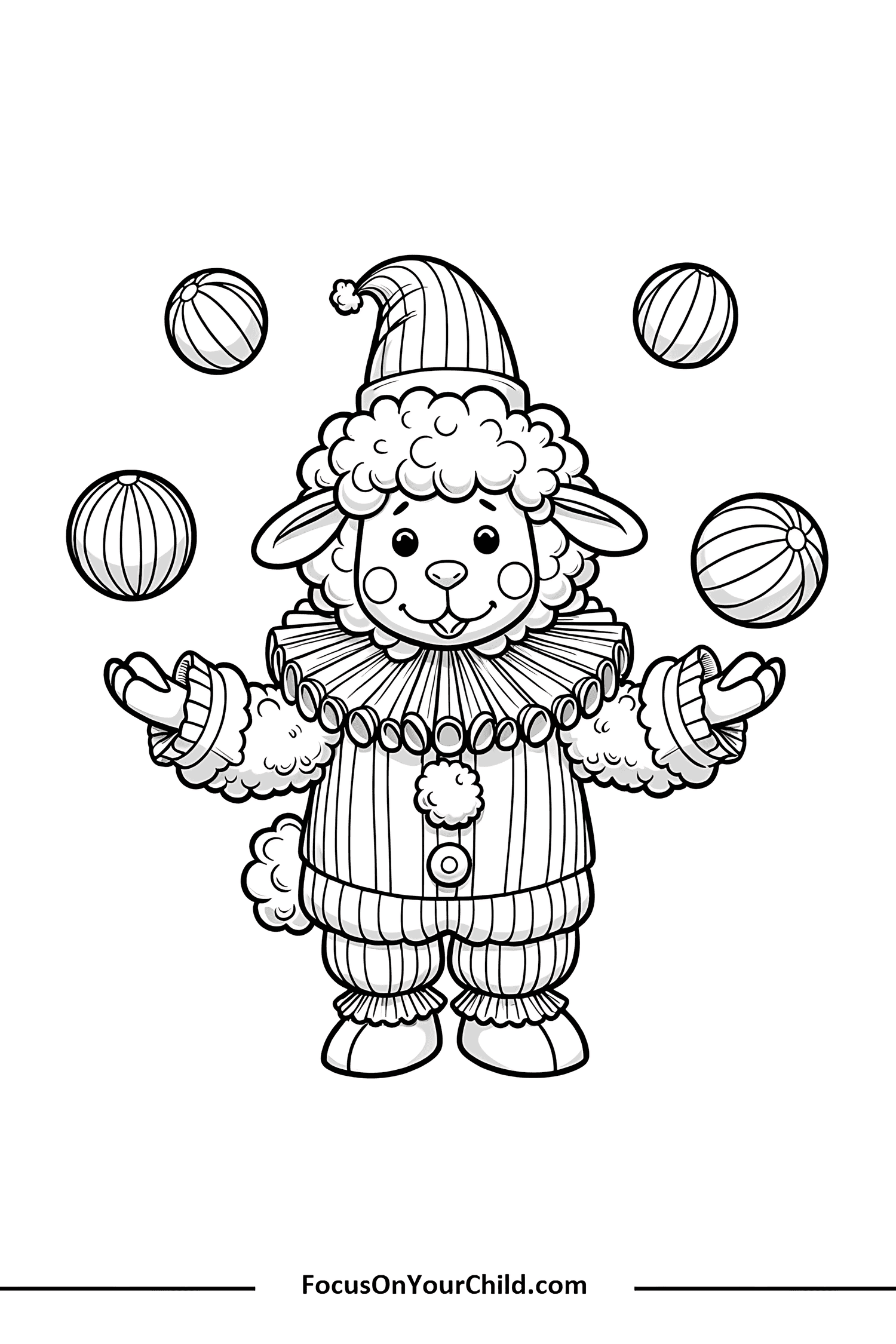 Adorable cartoon lamb dressed as a juggler in festive clown outfit.