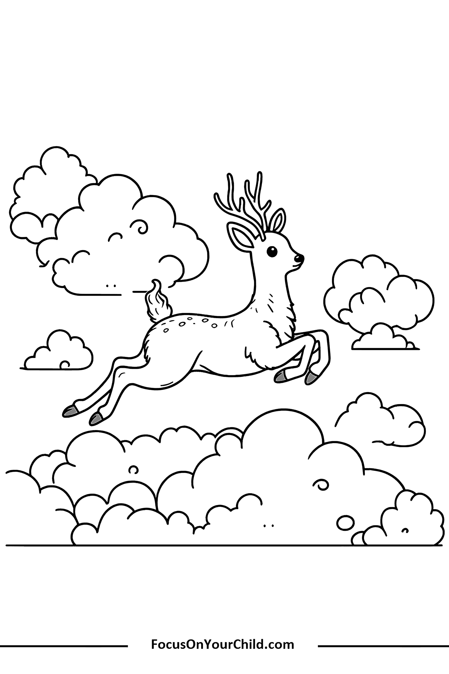 Whimsical deer leaping in the clouds for coloring activities on FocusOnYourChild.com.