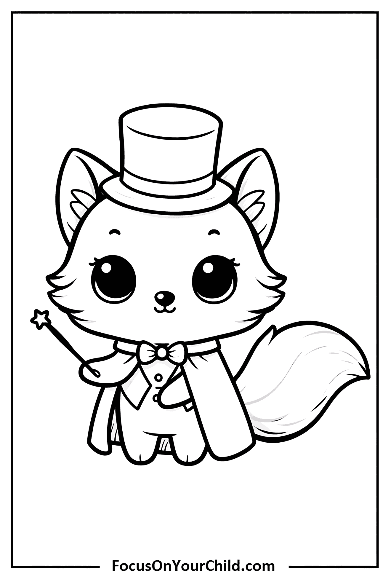 Adorable cartoon fox magician with wand, cape, and hat, perfect for childrens content.