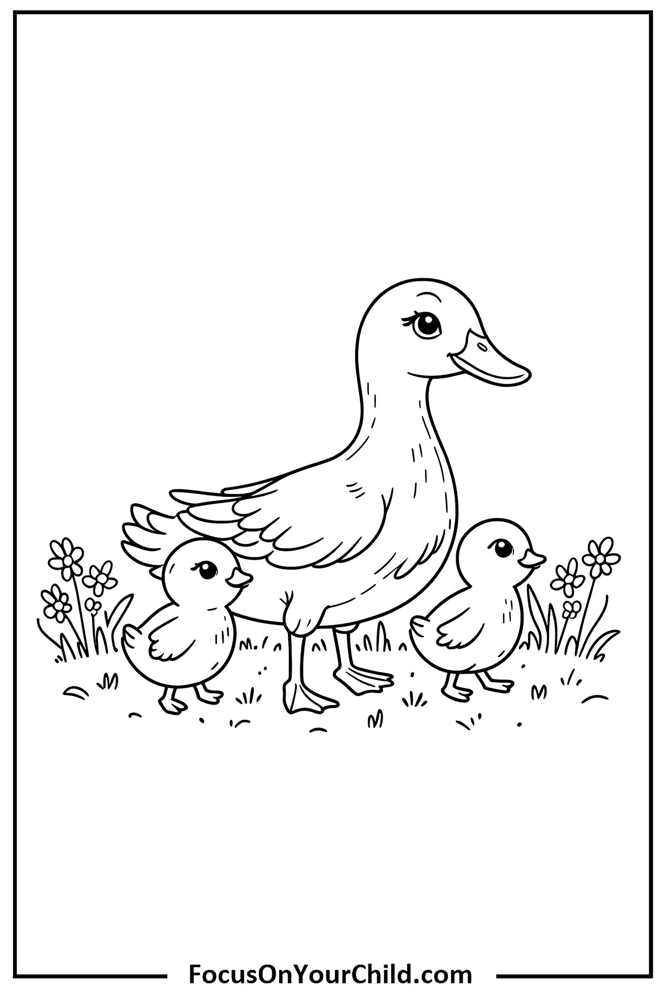 Charming duck family coloring page for childrens development and creativity.