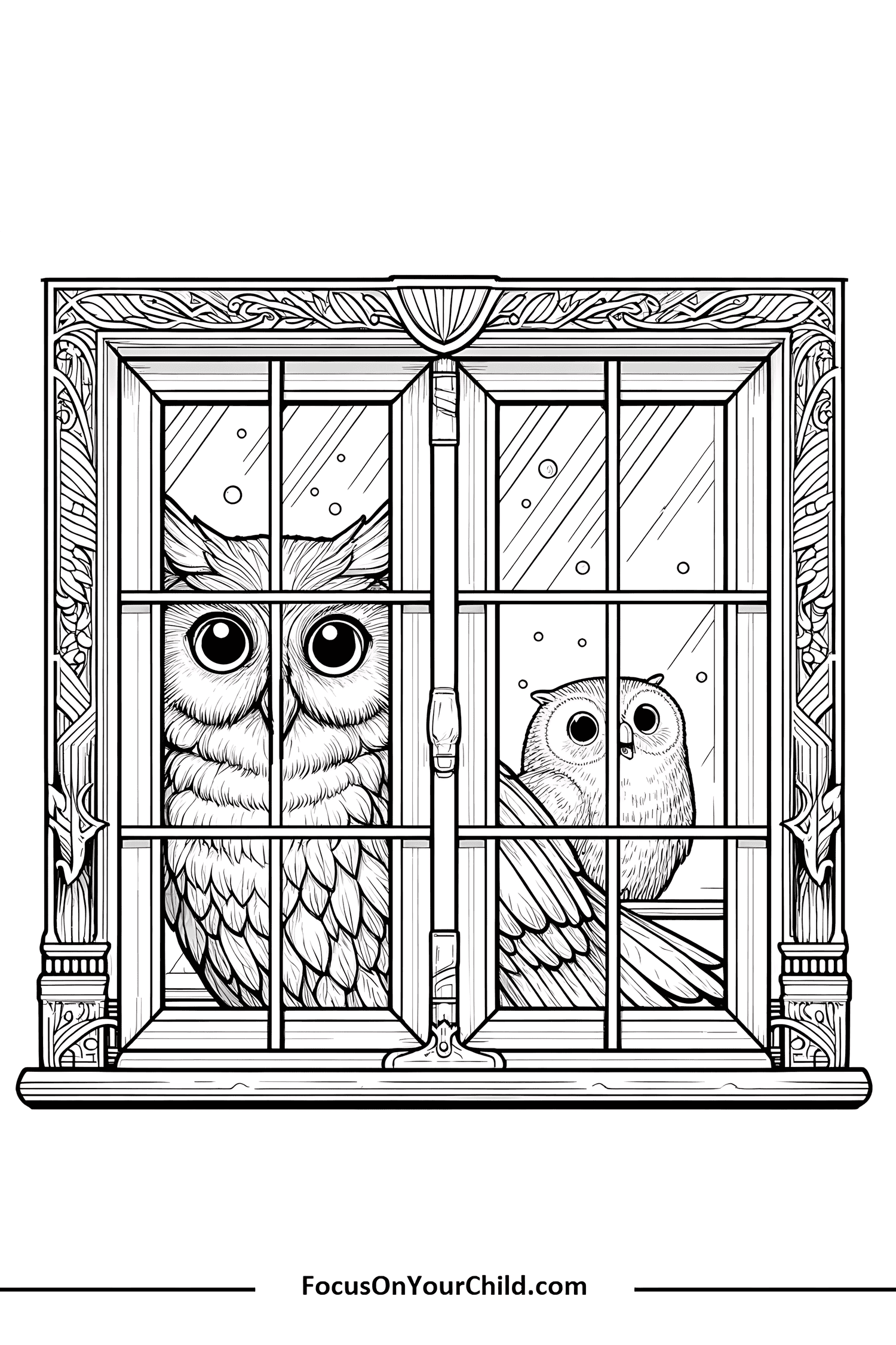 Owls Perched Behind Ornate Window Frame.