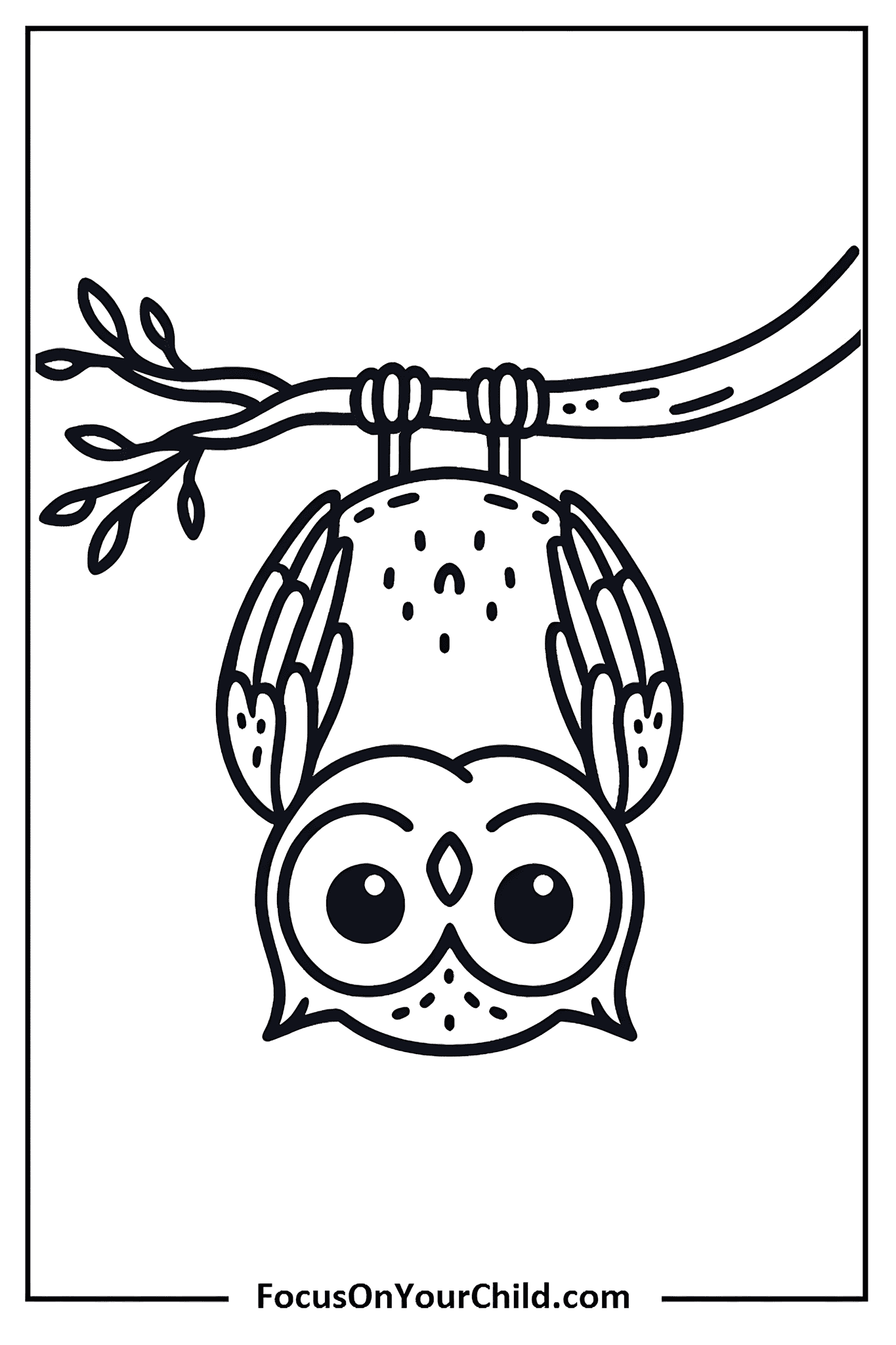 Owl hanging upside down from branch line drawing.