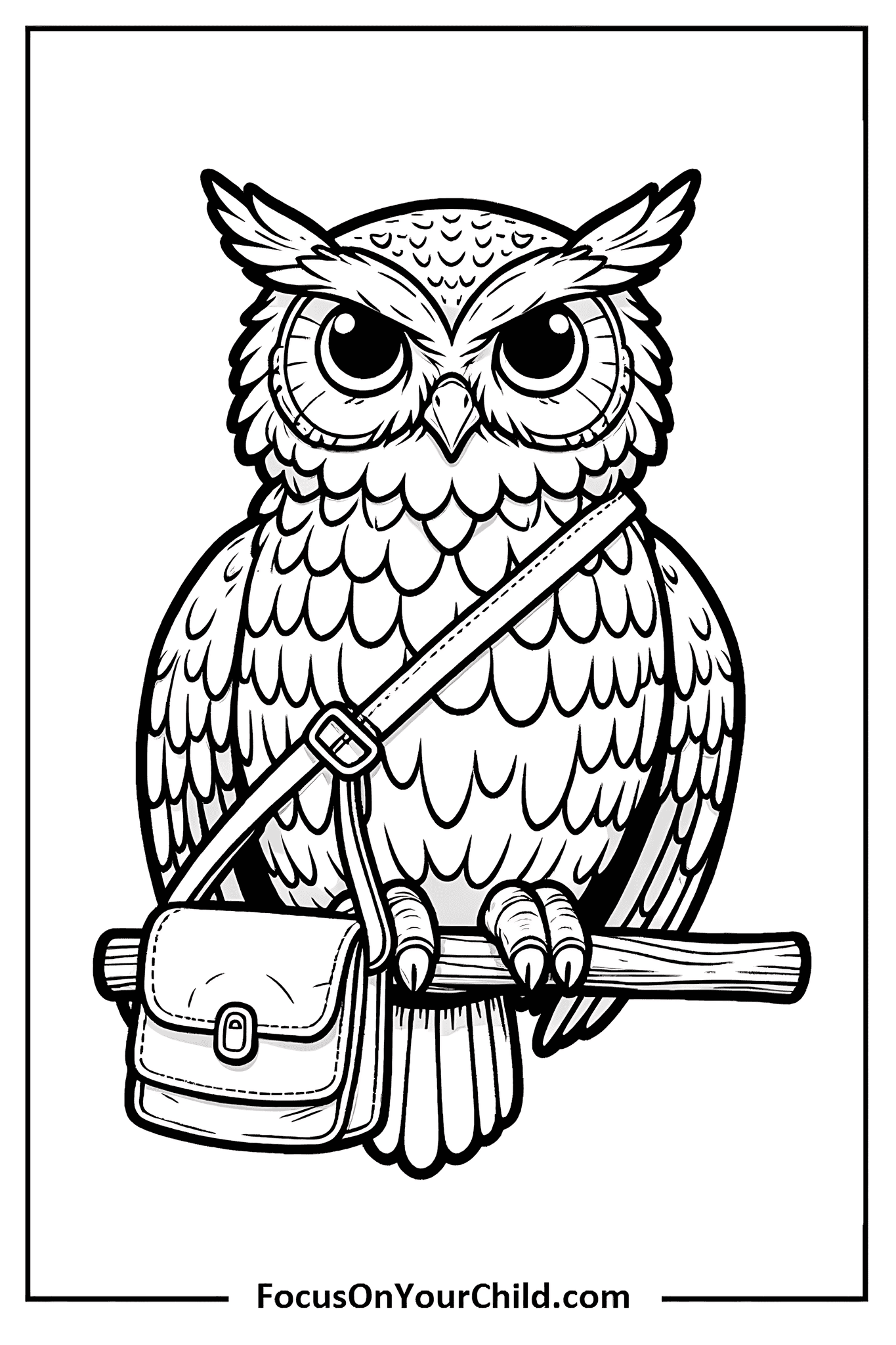 Owl line drawing with satchel, perched on branch, detailed feathers, large eyes, black-and-white.