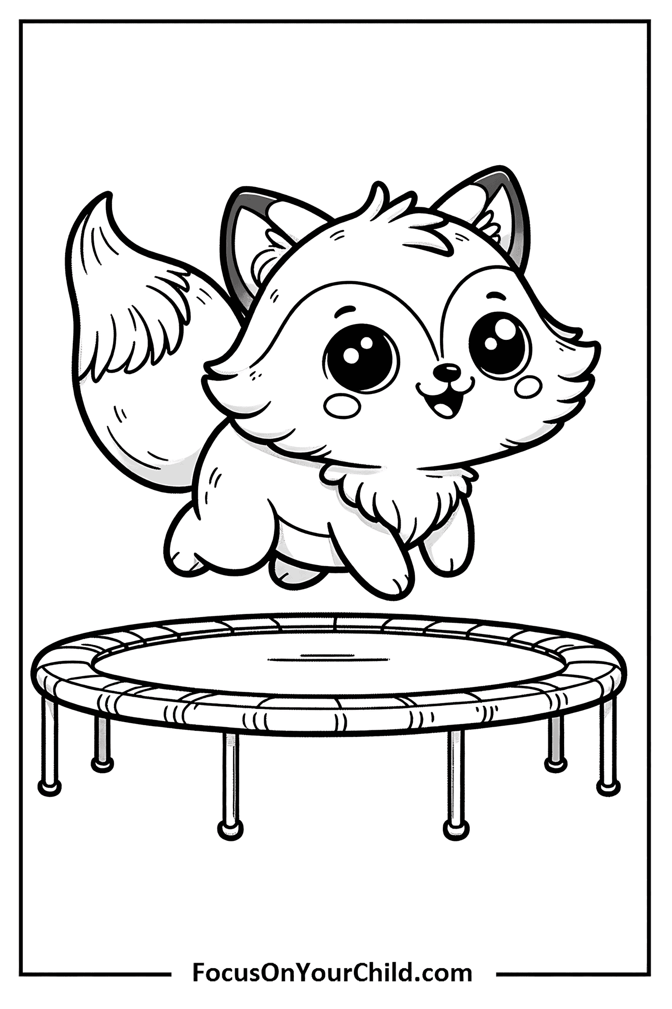 Adorable fox bouncing on trampoline in playful black and white line drawing.