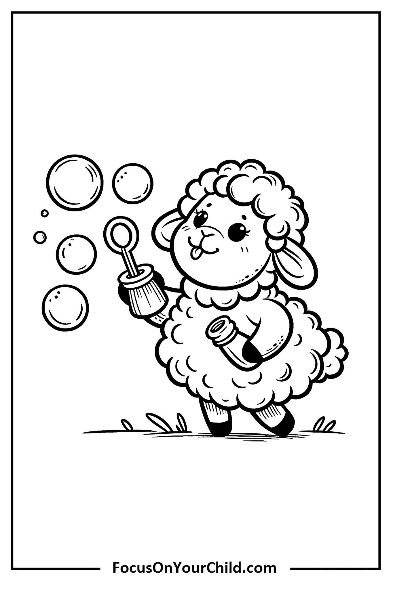 Charming line drawing of playful lamb blowing bubbles in black and white.