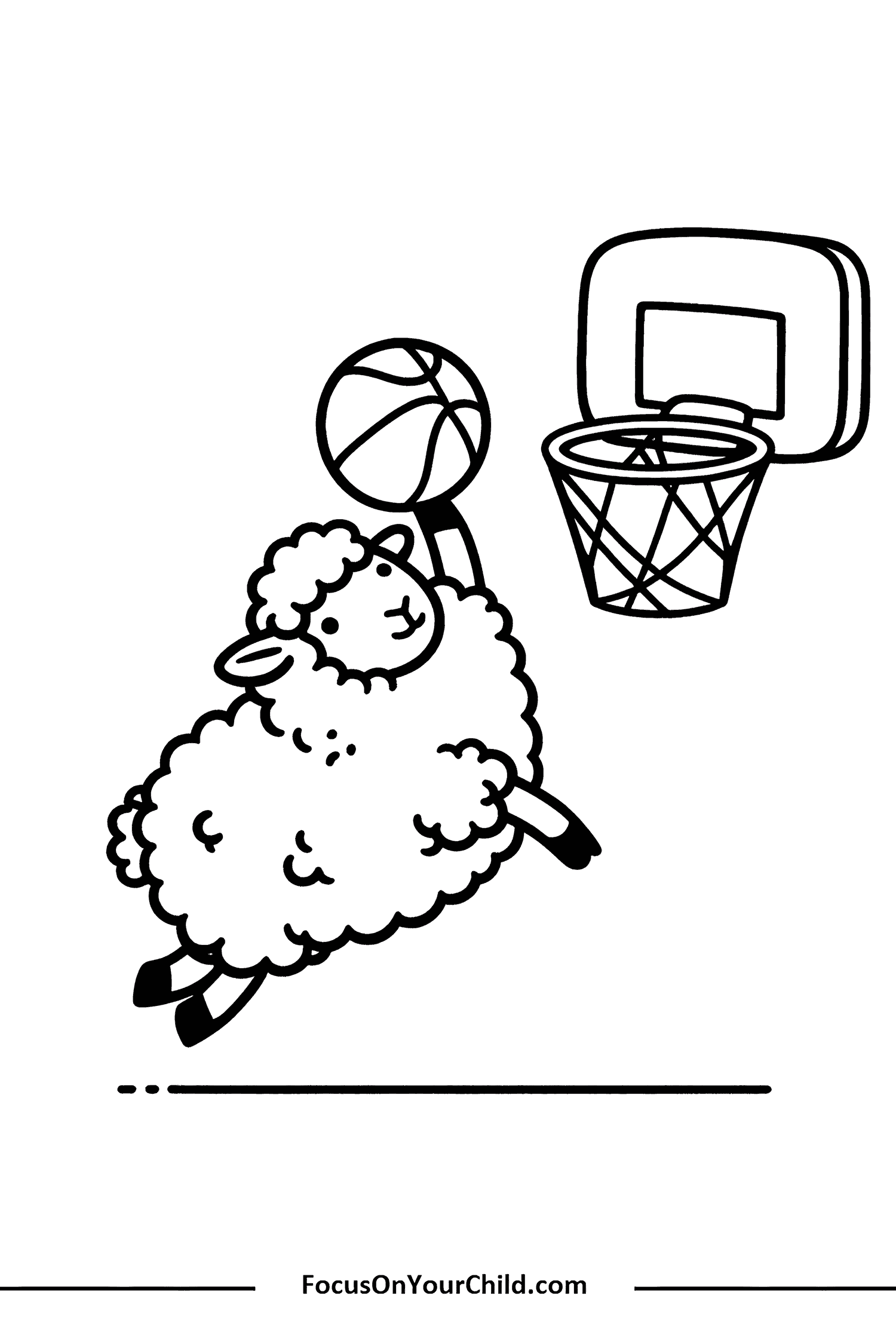 Playful sheep making slam dunk in basketball hoop, engaging educational content for children.