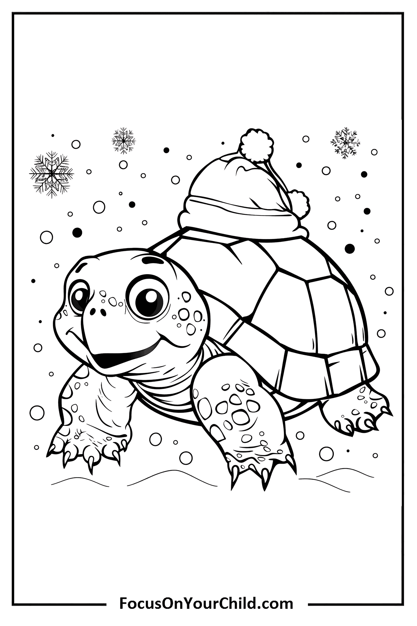 Cheerful turtle wearing winter hat surrounded by snowflakes, perfect for coloring.