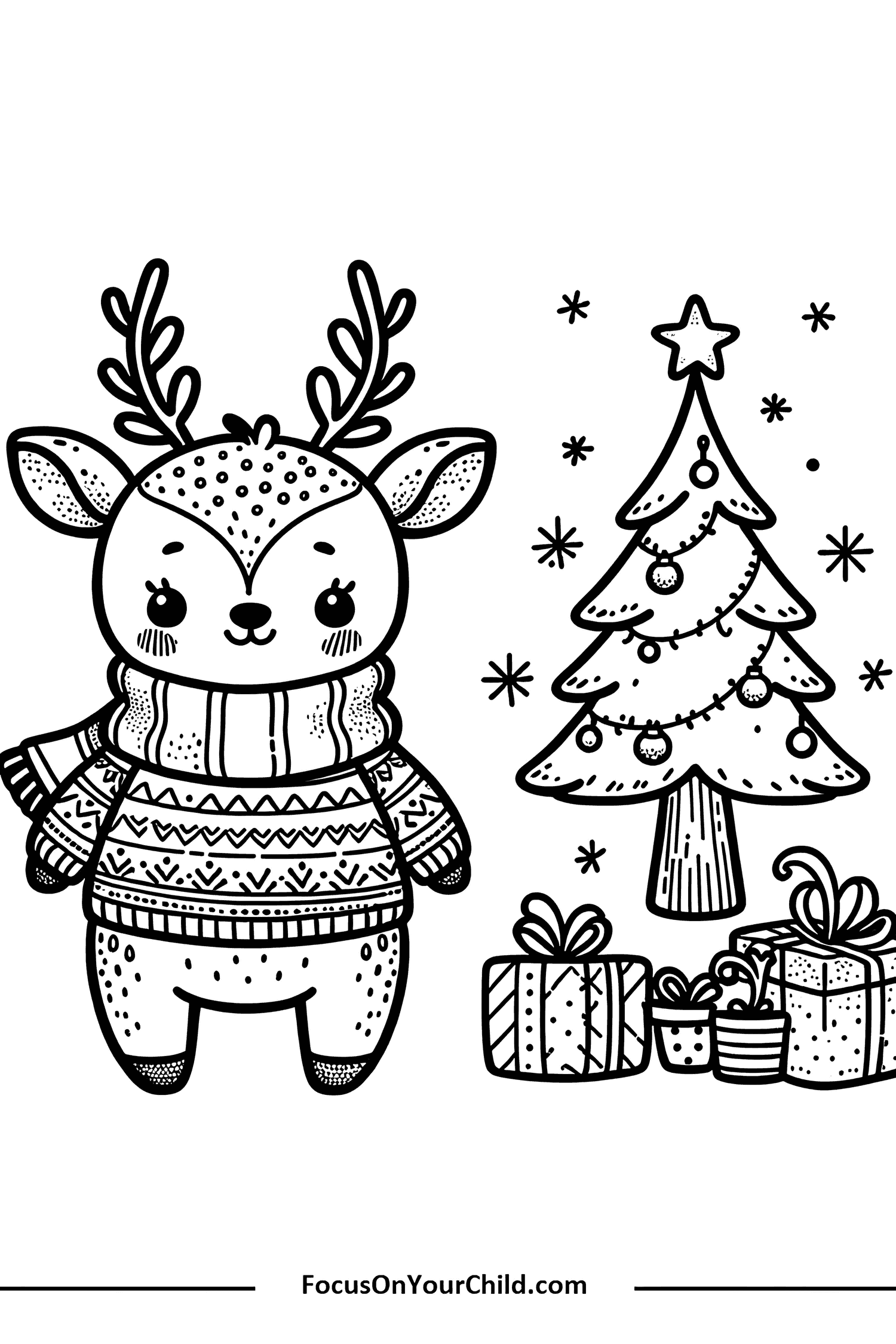 Christmas reindeer and tree coloring page for kids from FocusOnYourChild.com.