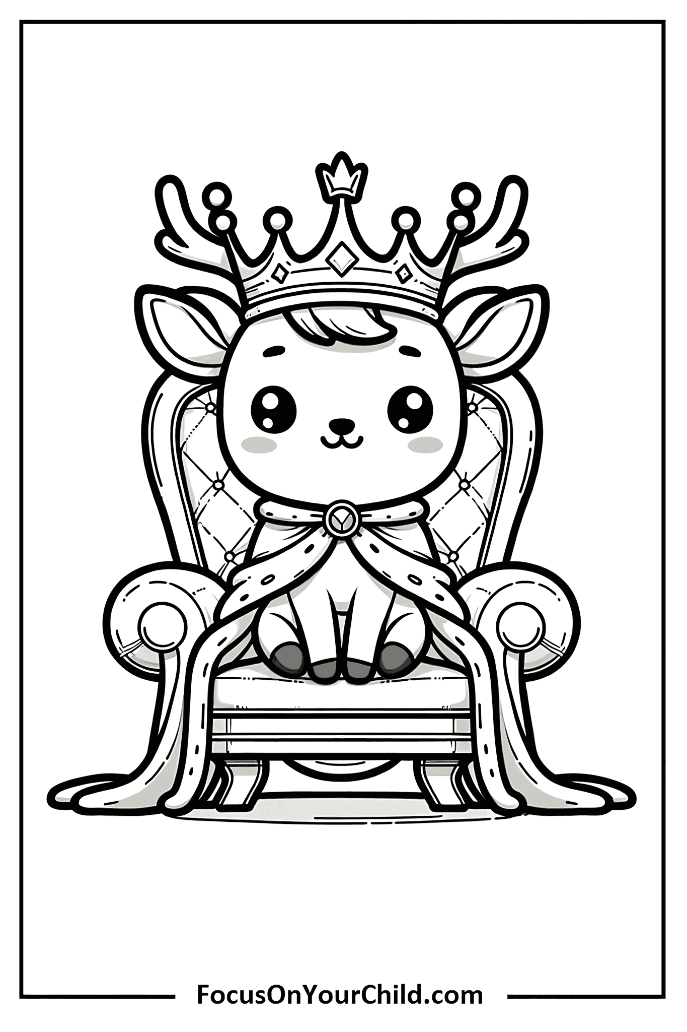 Whimsical deer fawn on a royal throne, perfect for childrens coloring activities.