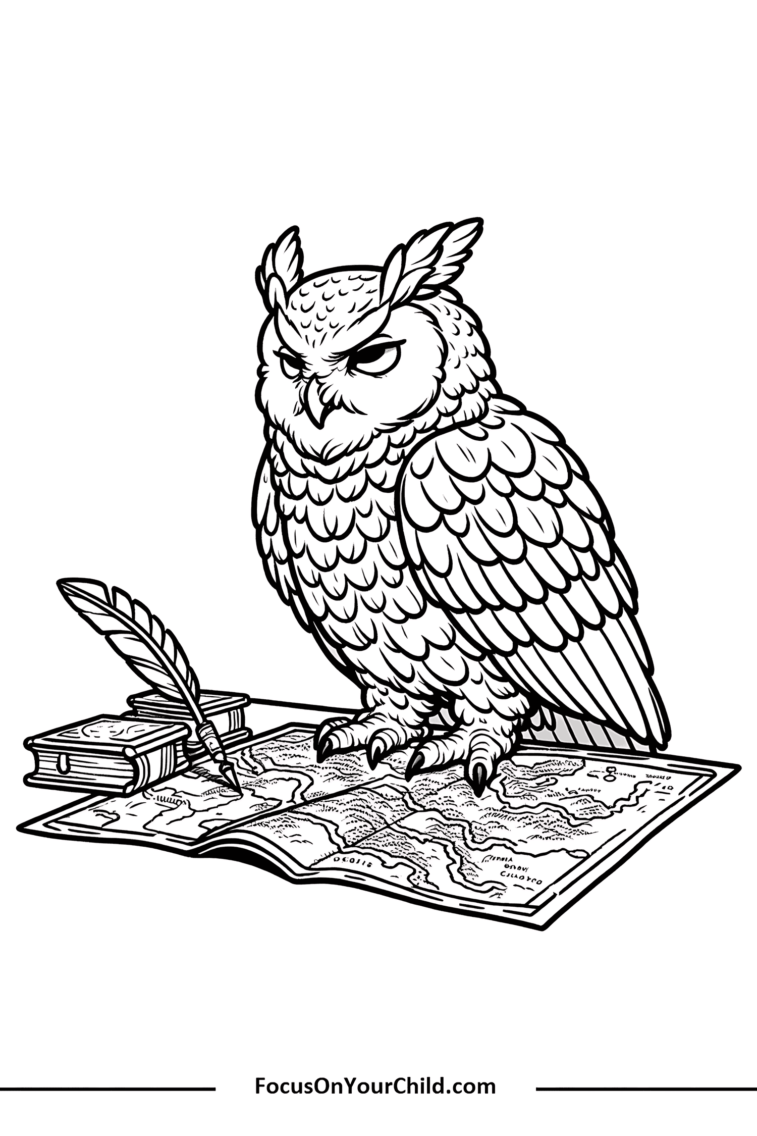 Wise owl on book with maps, quill, and stack of books.