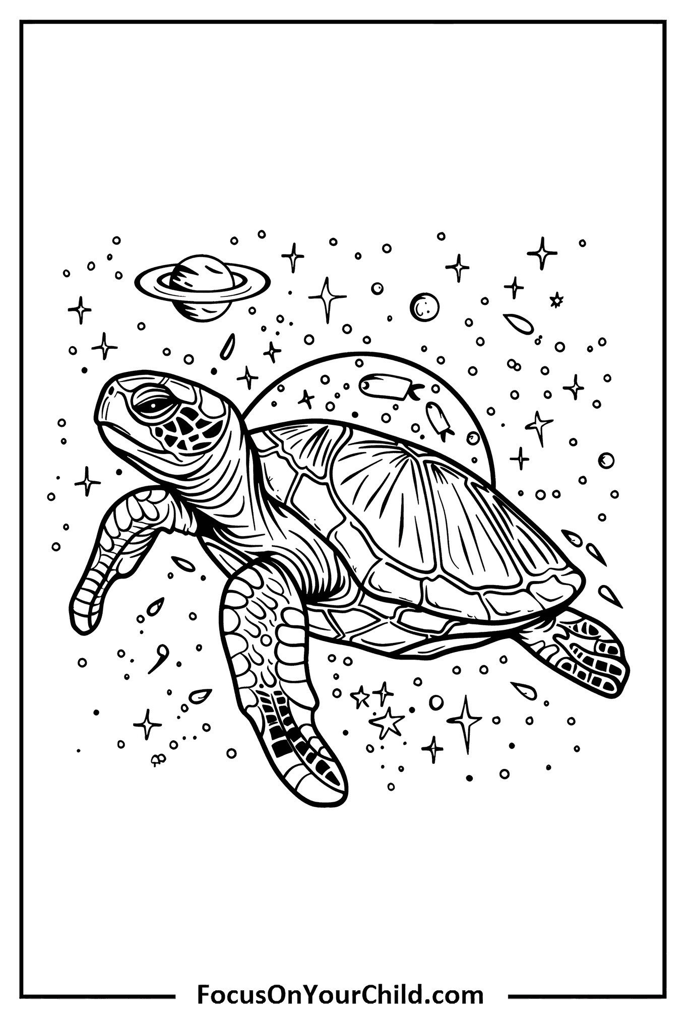Turtle swimming in space with stars and planets in detailed line drawing.
