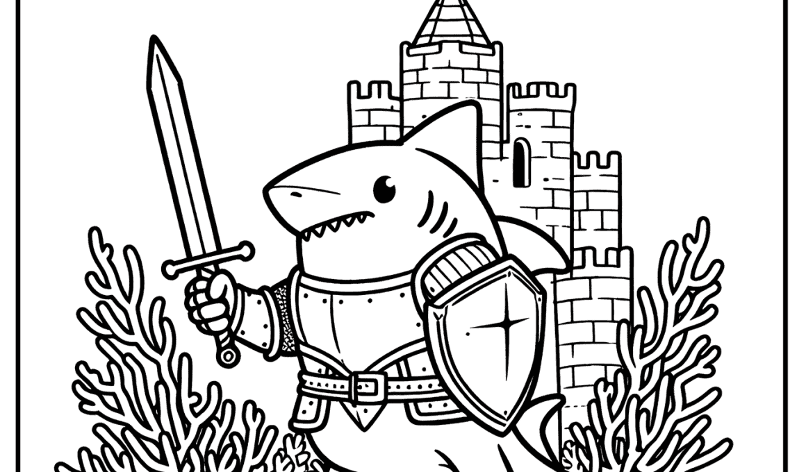 Whimsical shark knight in medieval armor, ready for battle in front of a castle.