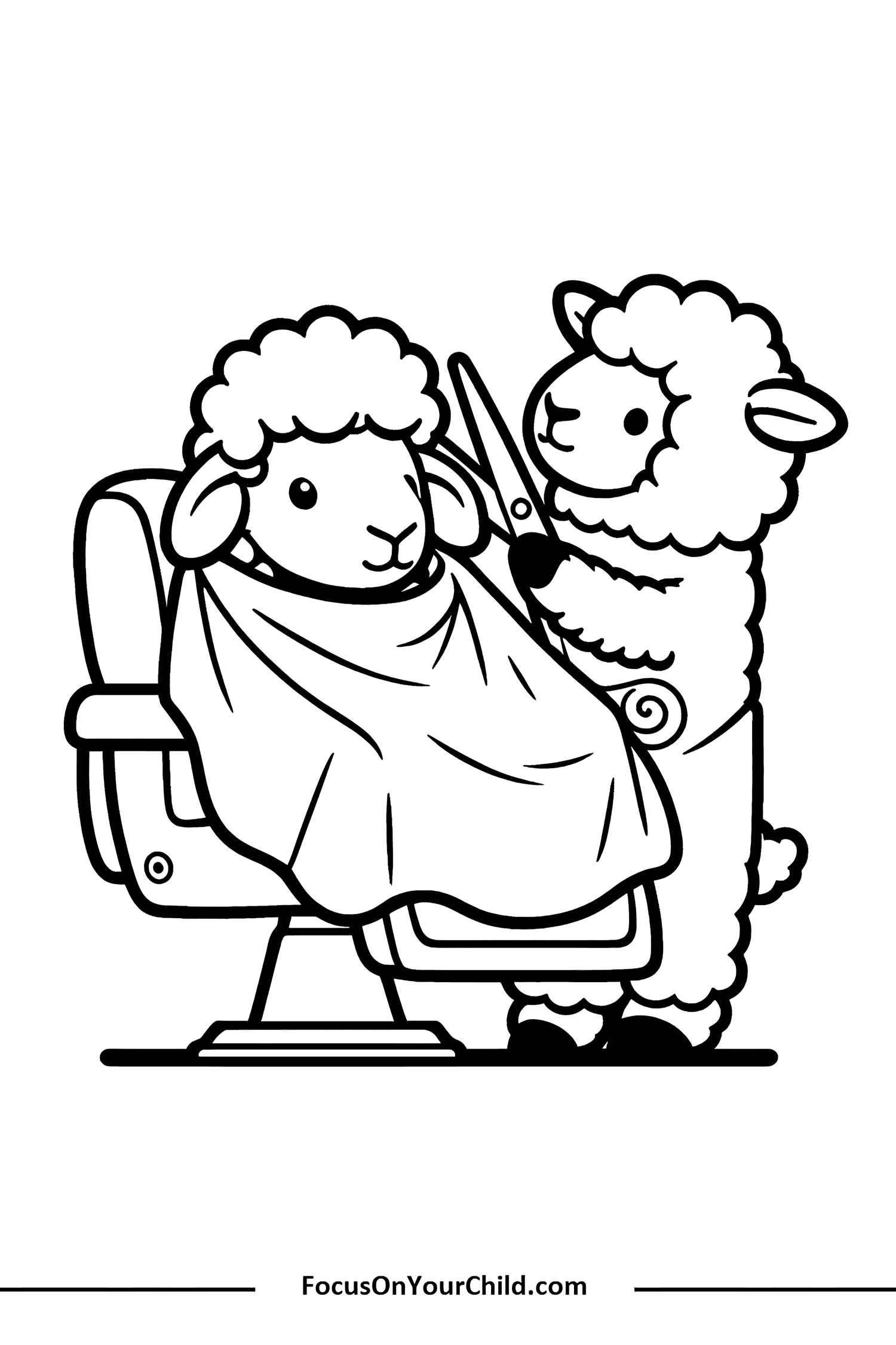 Whimsical sheep hairstyling session in a barber shop setting for childrens website.