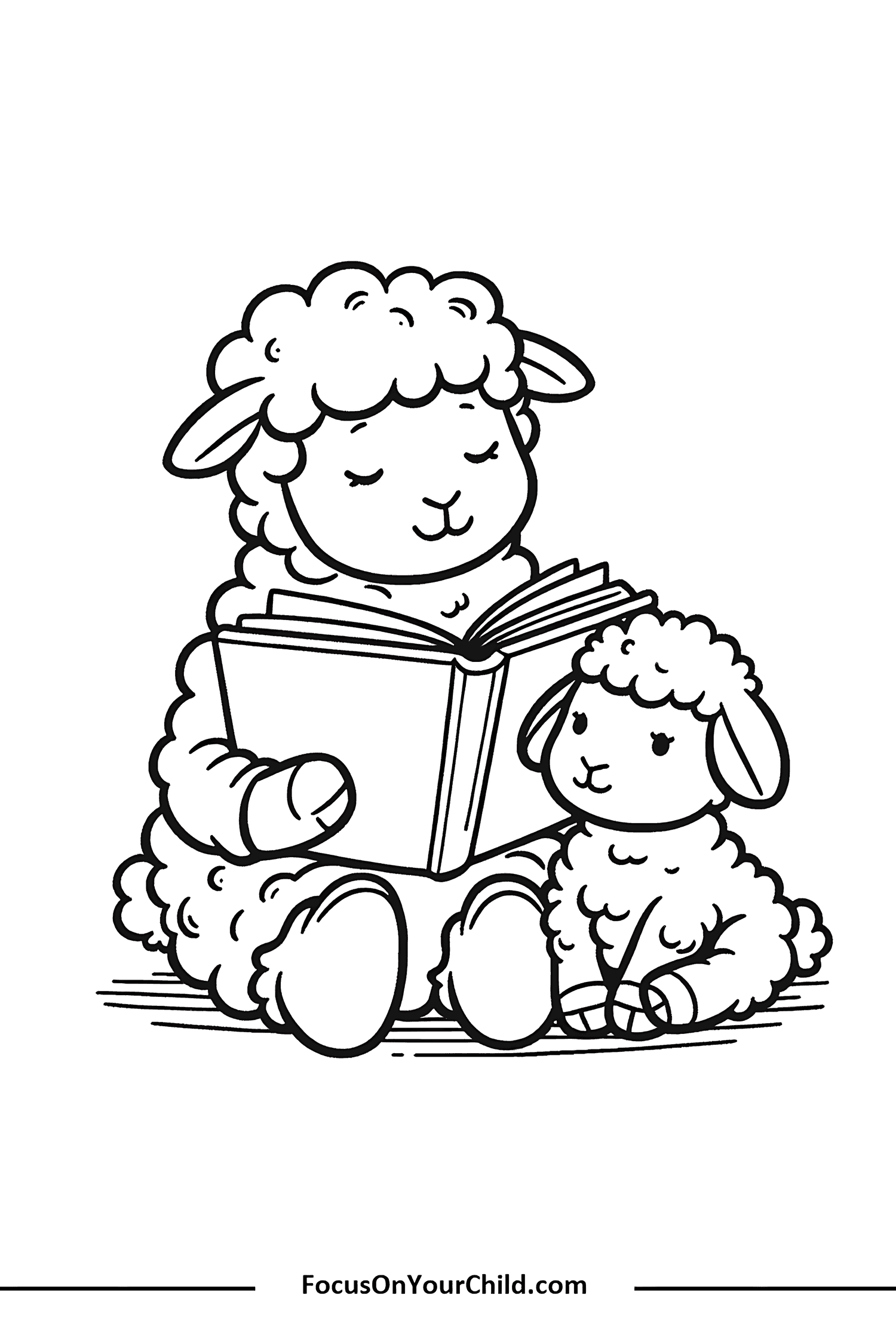 Illustration of two sheep bonding over a story, promoting family literacy and togetherness.
