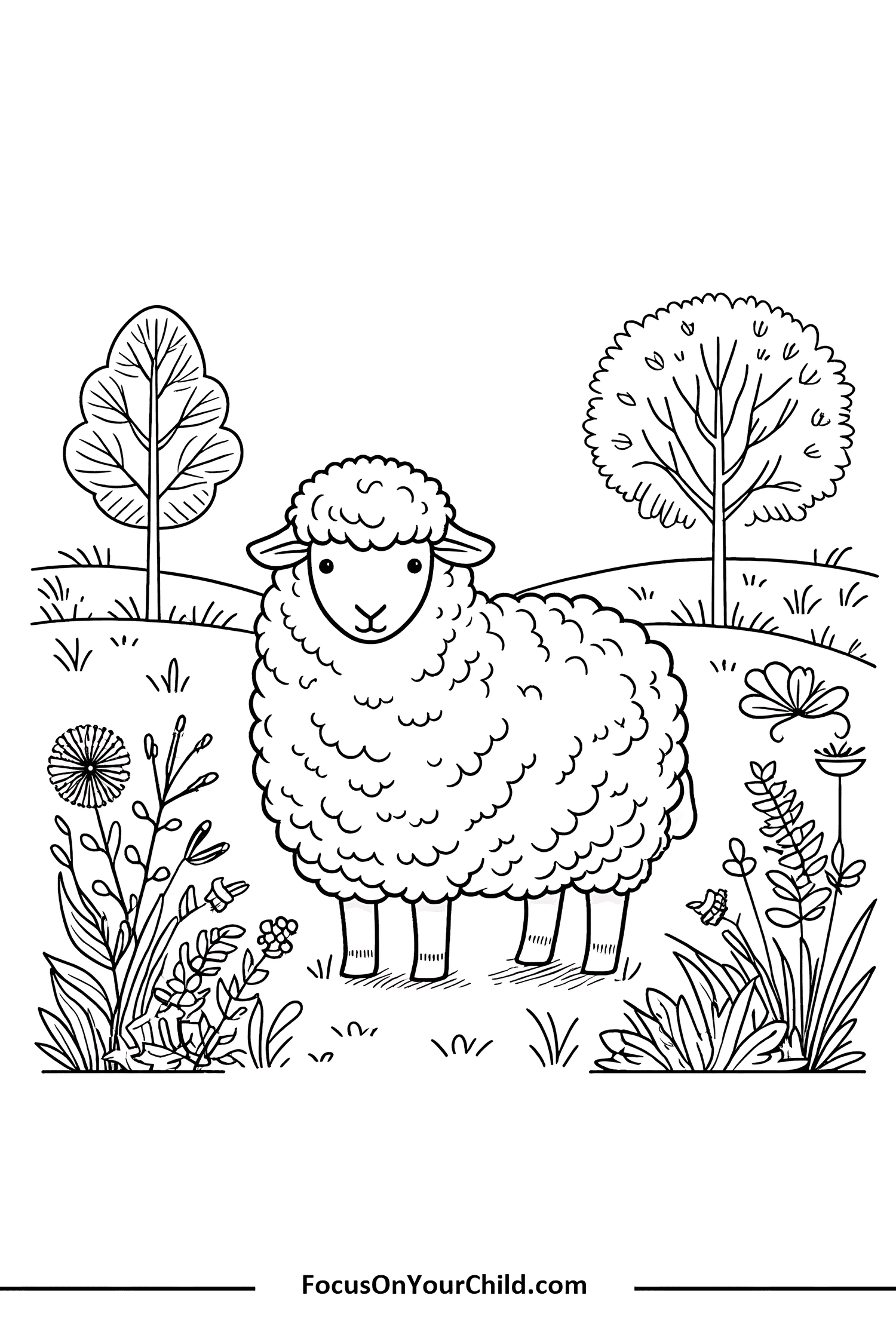 Detailed line drawing of a smiling sheep in a pastoral setting by FocusOnYourChild.com.