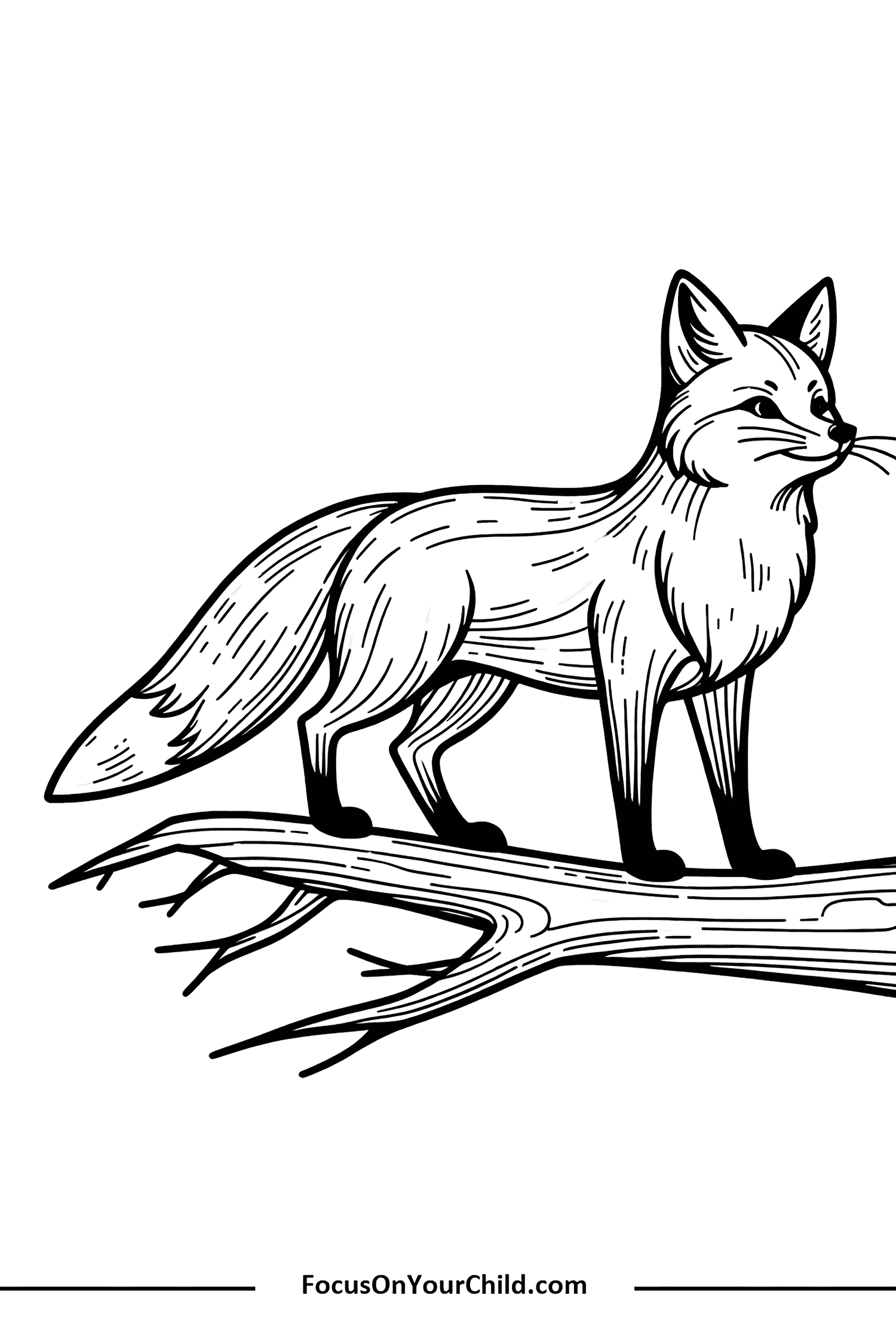 Detailed line drawing of a fox standing on a tree branch in black and white.
