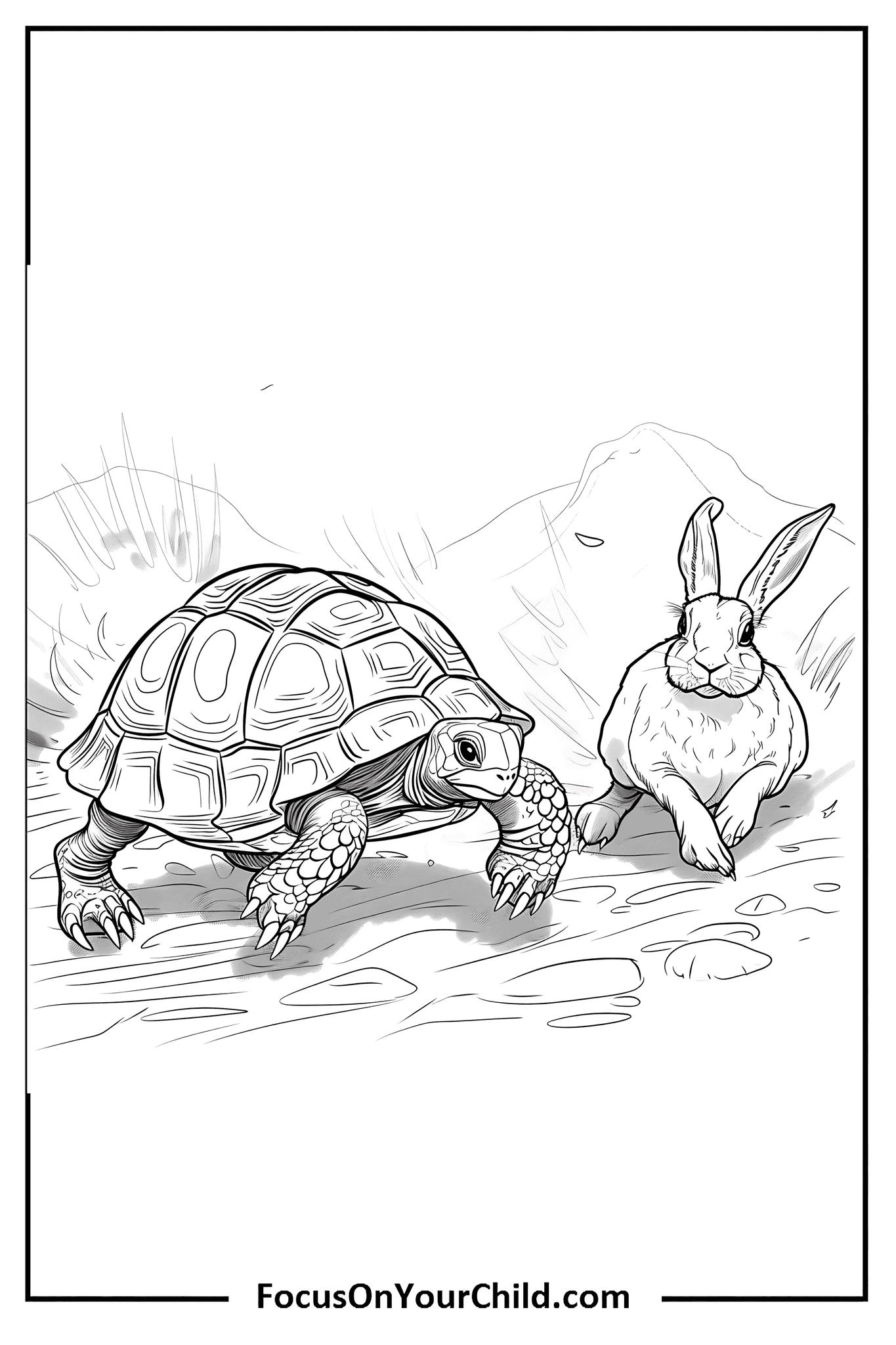 Detailed illustration of determined tortoise and relaxed hare in black and white.