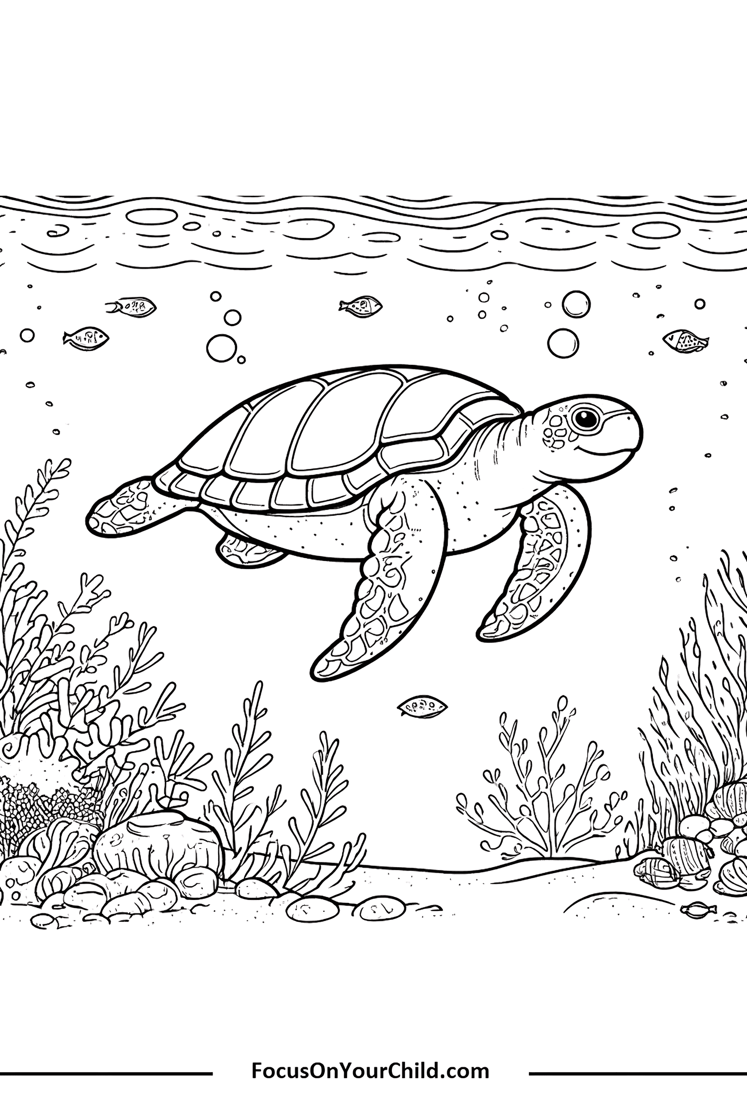Detailed black-and-white line drawing of sea turtle swimming in vibrant underwater scene.