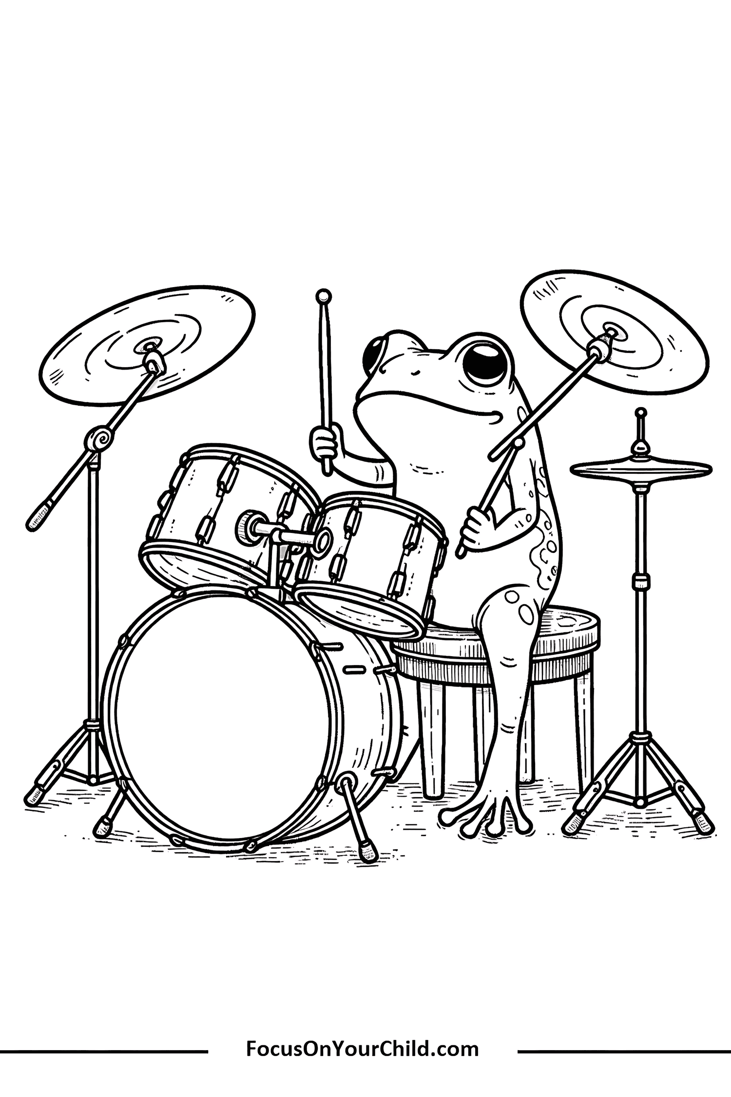 Anthropomorphic frog playing drum set with detailed drum kit in black-and-white illustration.