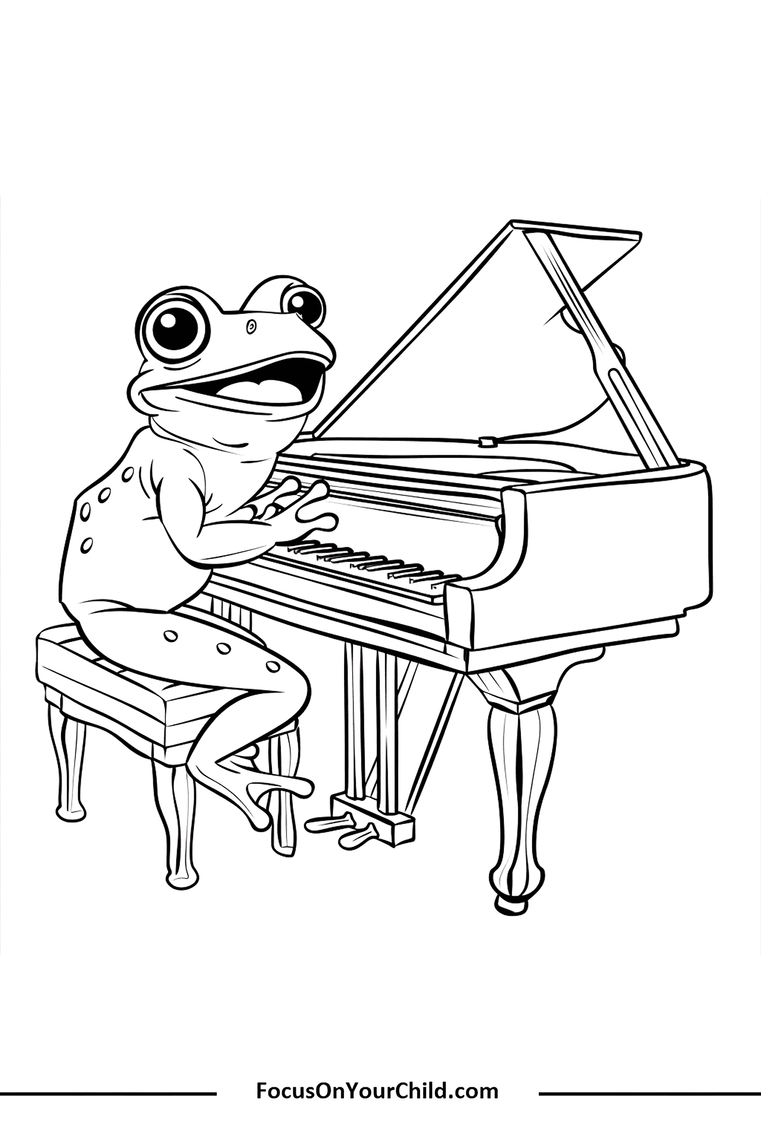 Frog playing grand piano in whimsical black-and-white drawing for childrens educational website.