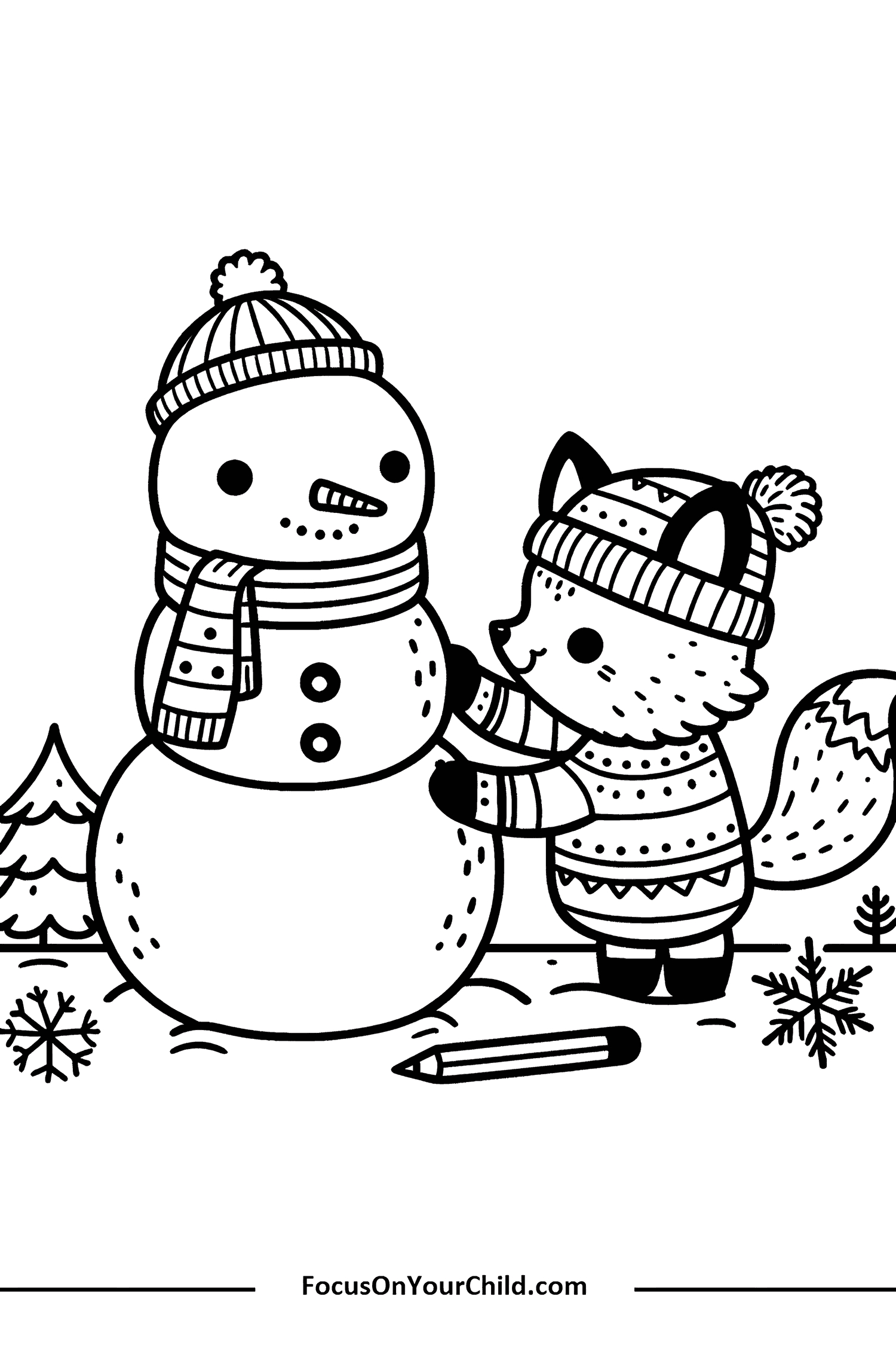 Whimsical winter scene with snowman and fox, perfect for kids coloring activities.