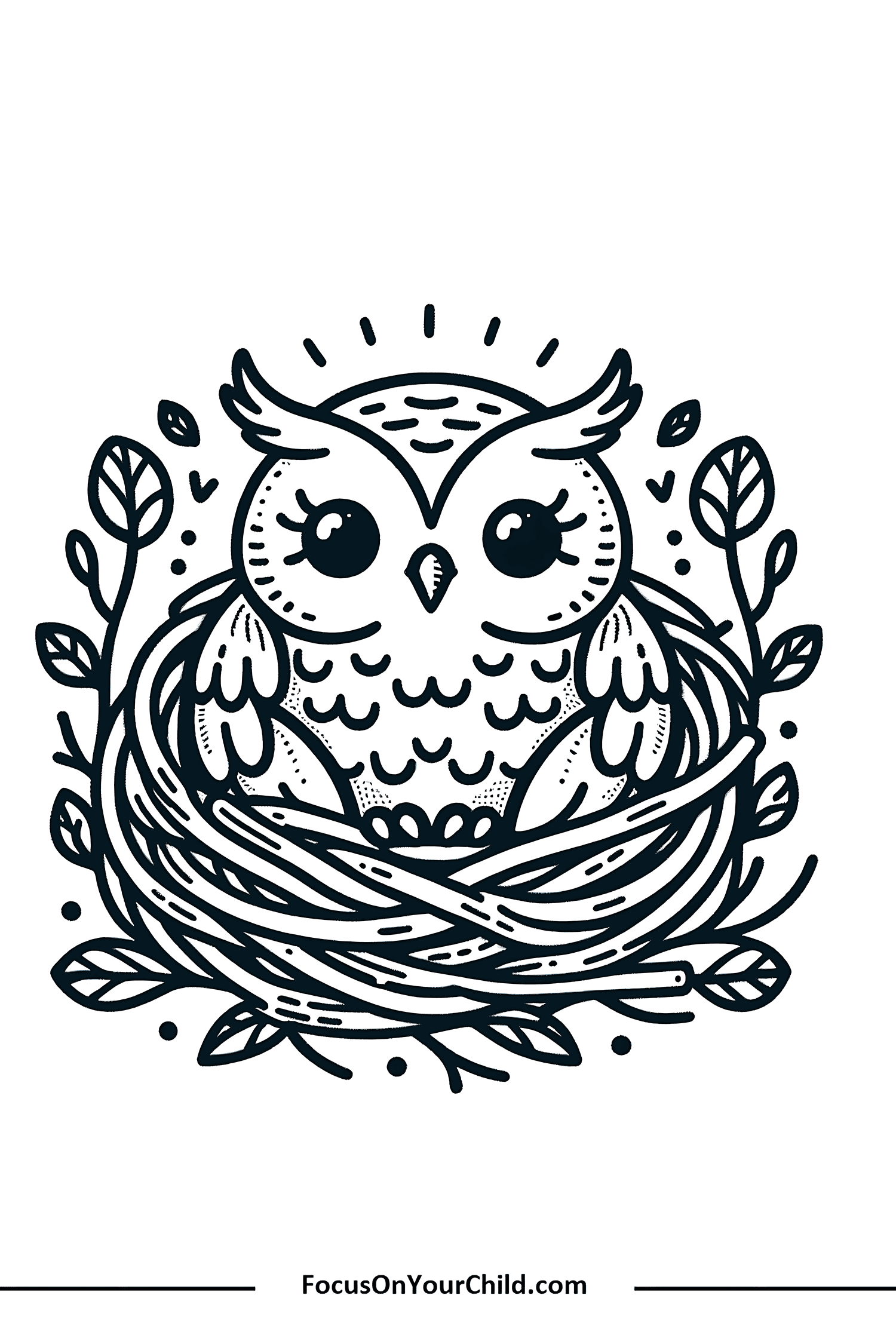 Cute owl in a detailed nest illustration for children.