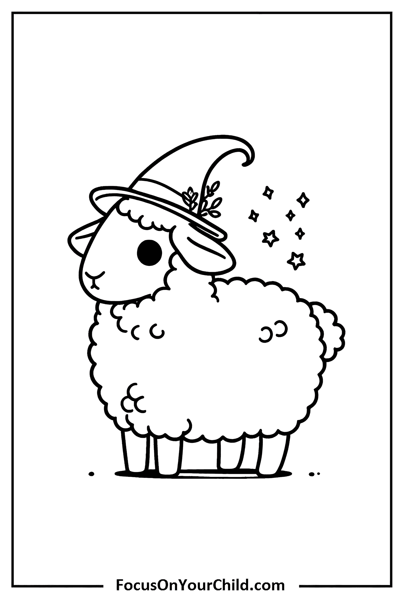 Whimsical sheep with witchs hat casting magical spell in enchanting black and white drawing.