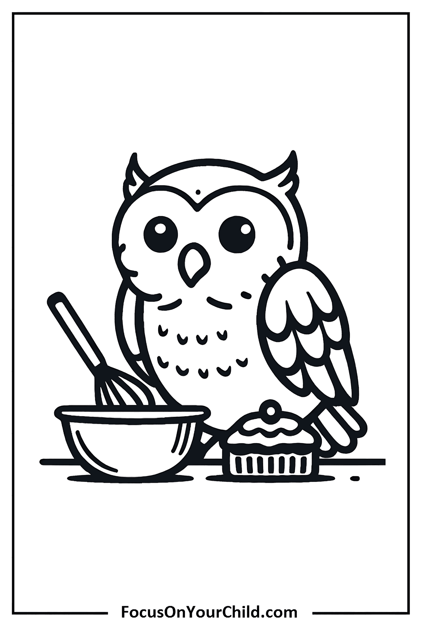 Owl baking cupcakes with a whisk in a whimsical illustration.