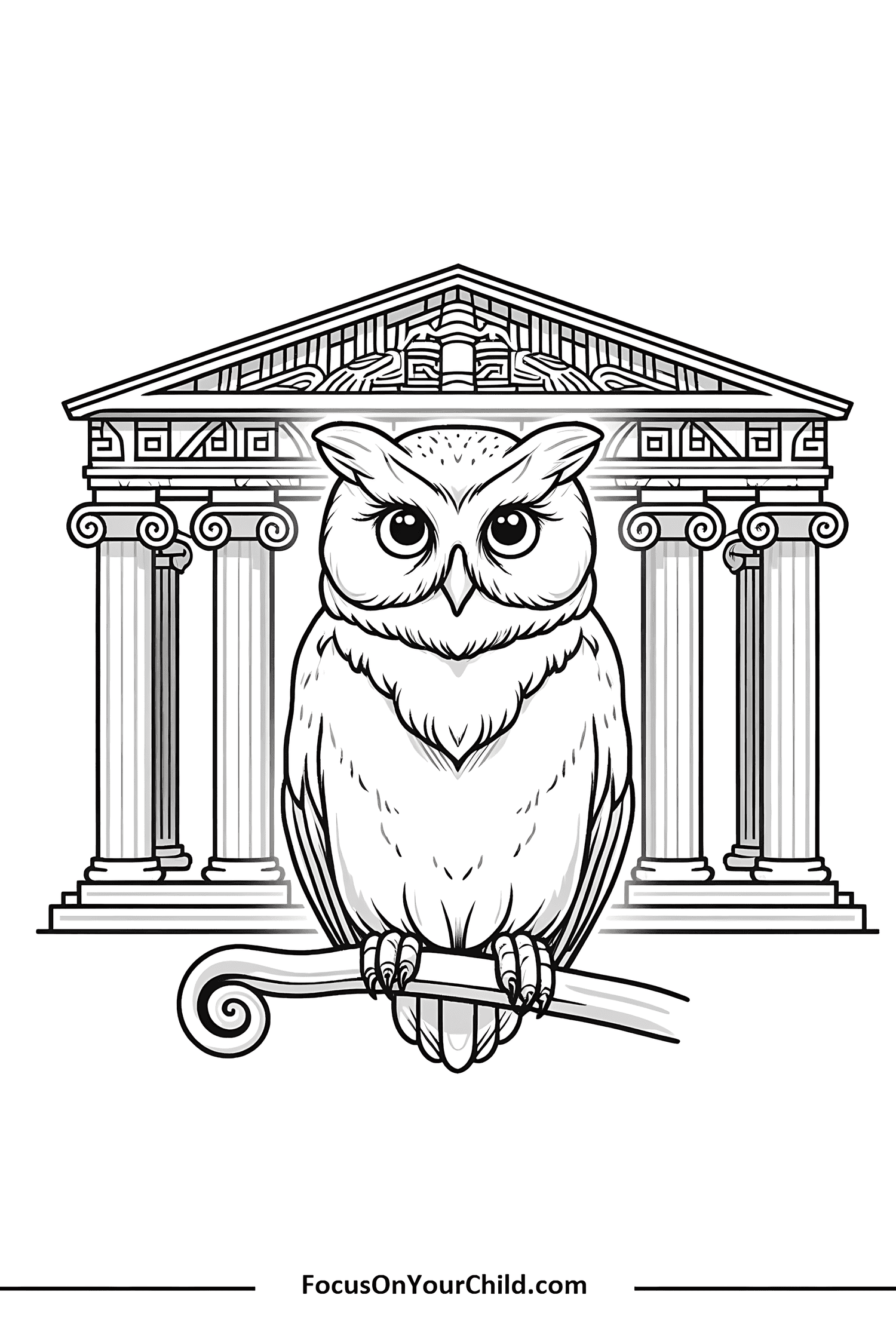 Owl on branch with Greek temple background.