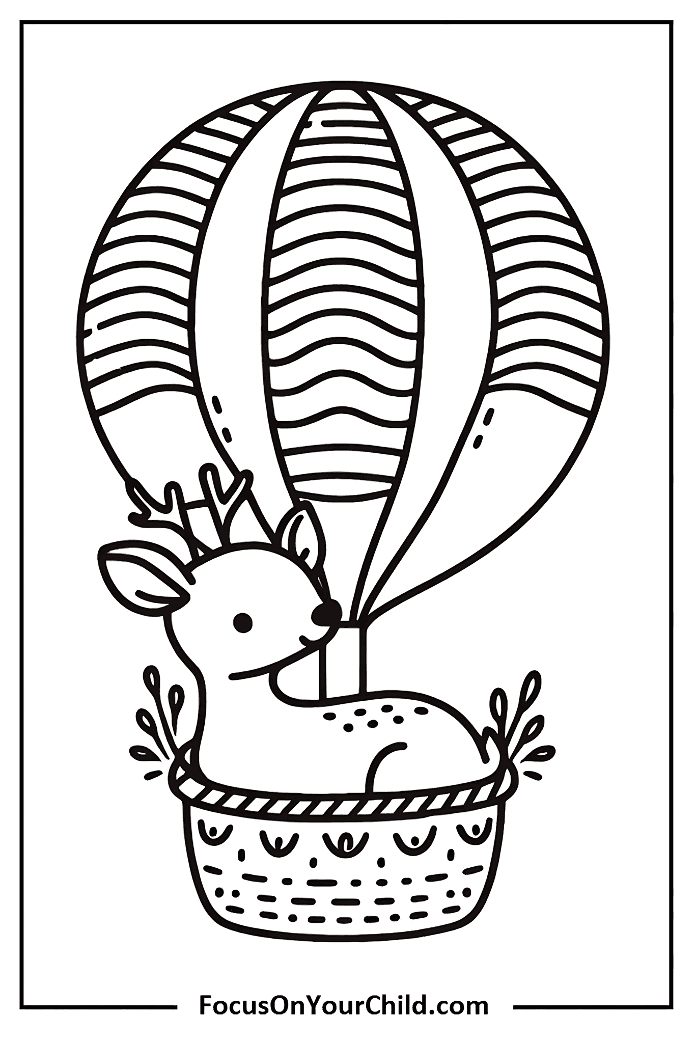 Whimsical black-and-white hot air balloon coloring page for kids.